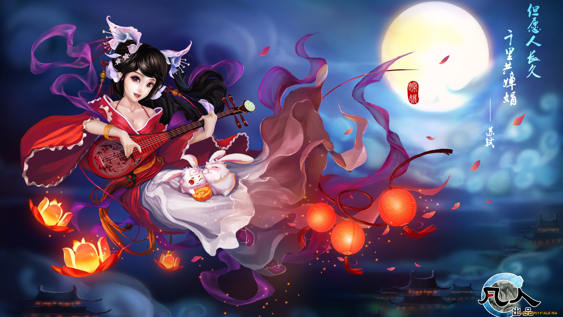 видео, игры, ~~~другое~~~, девушка, фонарики, луна, зверьки, арт, ночь, храм, музыкальный, инструмент, лютня, азия, лотос, облака