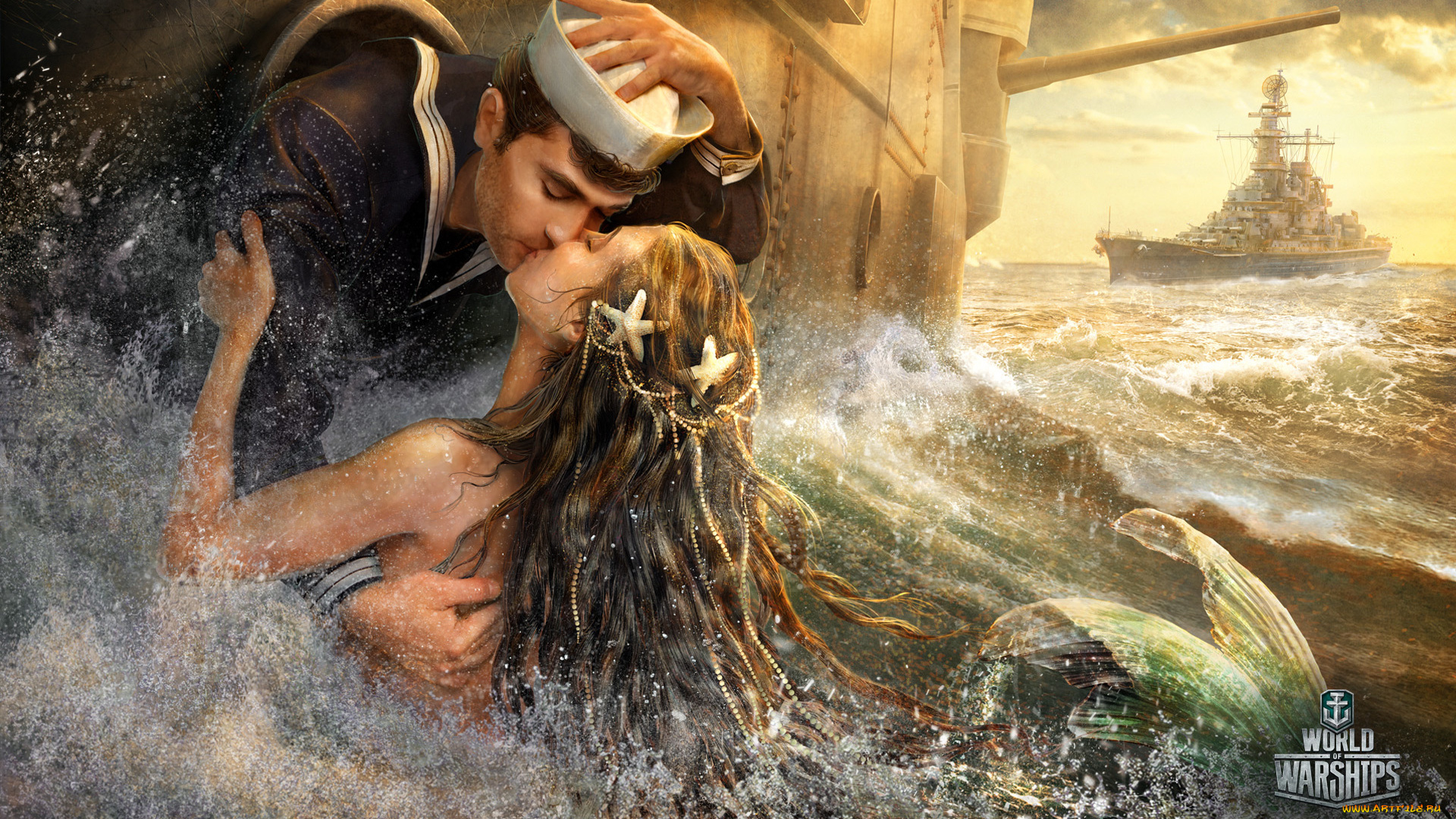 видео, игры, world, of, warships, русалка, моряк, корабли, море, поцелуй, world, of, warship, фэнтези