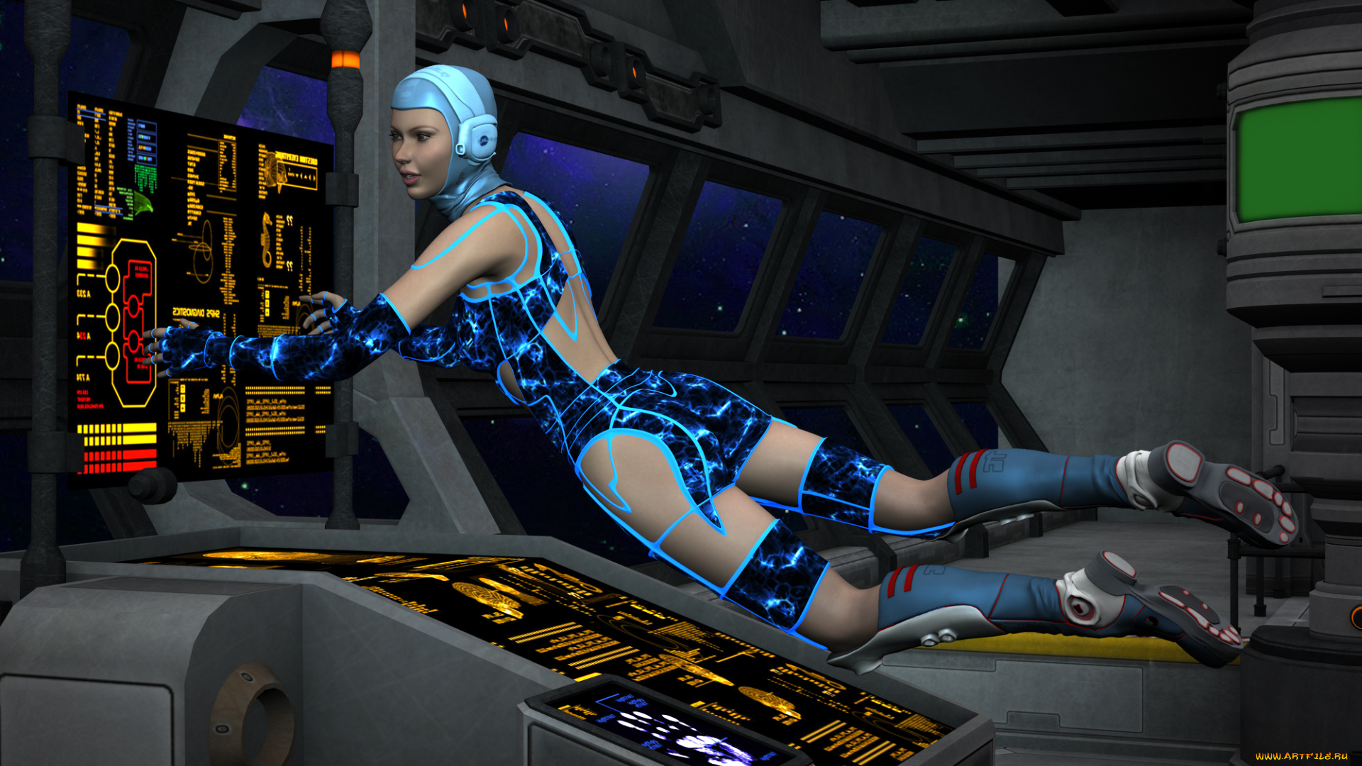 zero, online, видео, игры, звезды, космический, корабль, пульт, небо, фон, взгляд, девушка