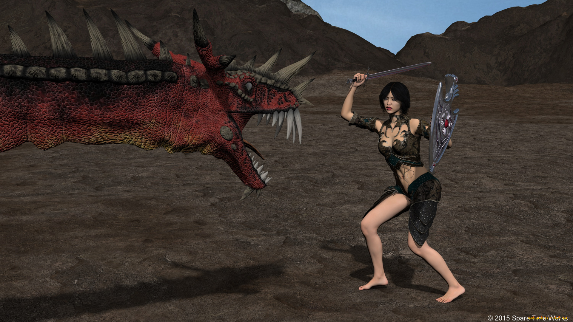 3д, графика, фантазия, , fantasy, девушка, взгляд, фон, оружие, дракон