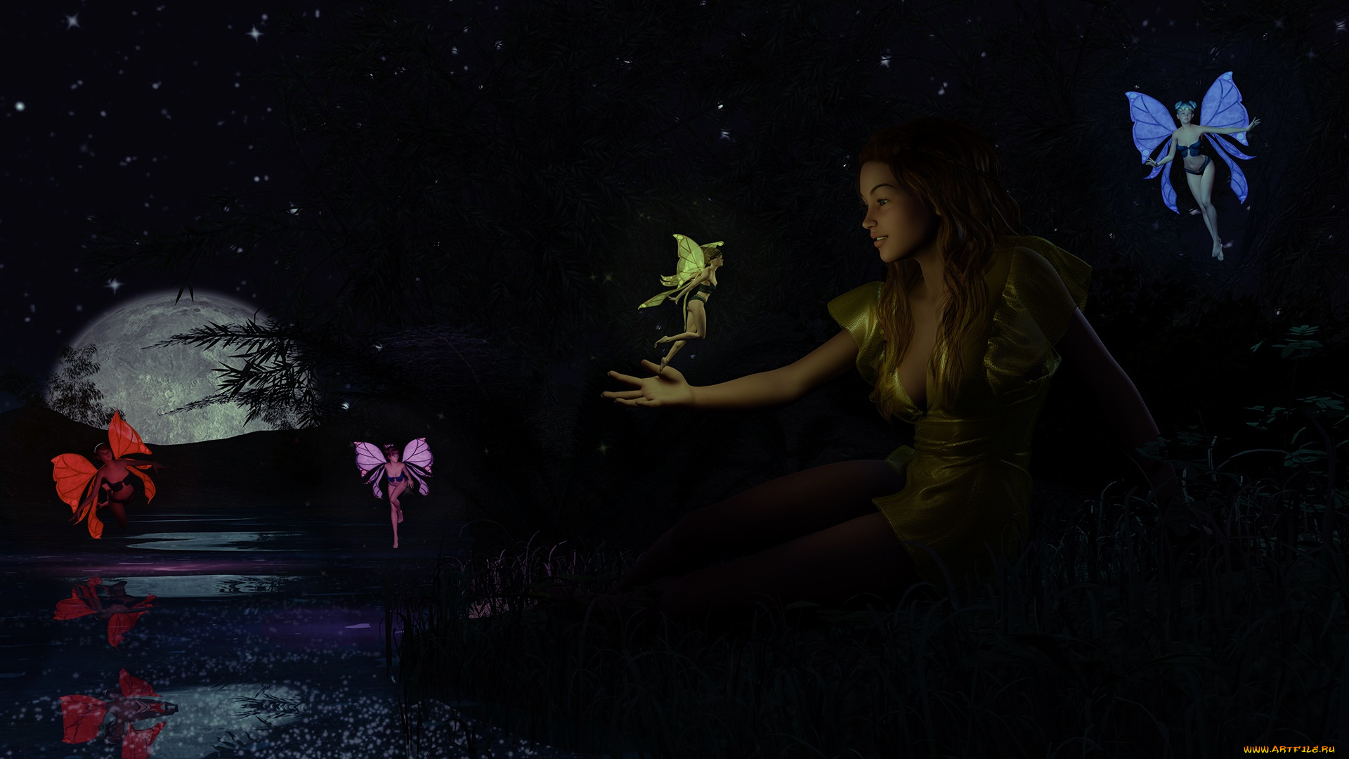 3д, графика, фантазия, , fantasy, феи, фон, взгляд, девушка