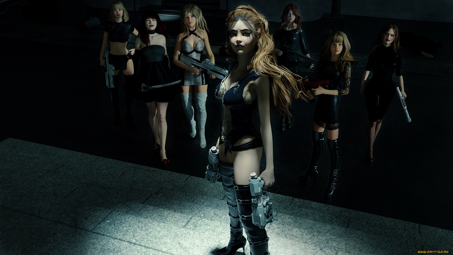 3д, графика, фантазия, , fantasy, взгляд, девушки, фон, оружие