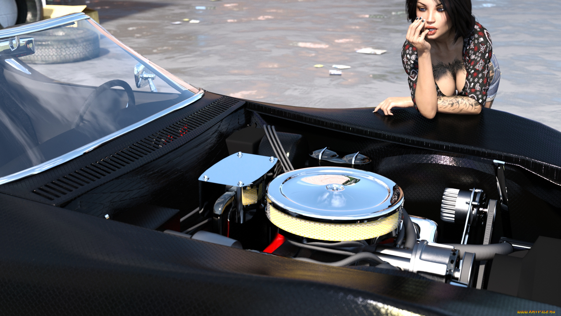 3д, графика, люди-авто, мото, , people-, car, , , moto, девушка, взгляд, фон, автомобиль