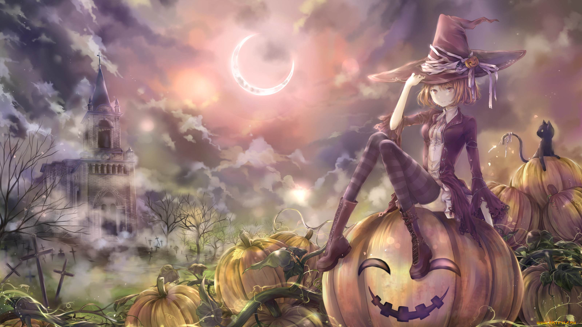 аниме, магия, , колдовство, , halloween, тыква, девушка, арт, луна, ночь