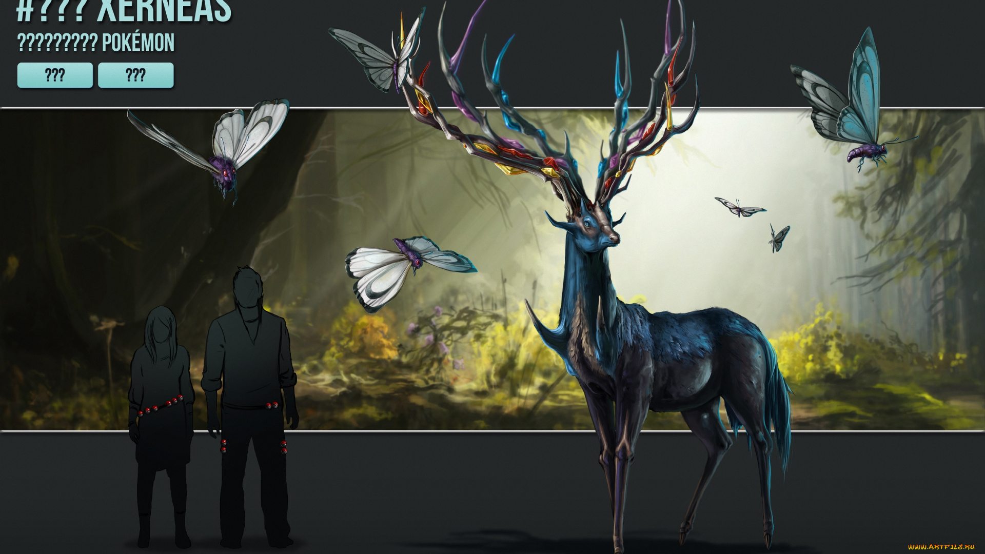 аниме, pokemon, монстр, бабочки, лес, олень, xerneas, тренер