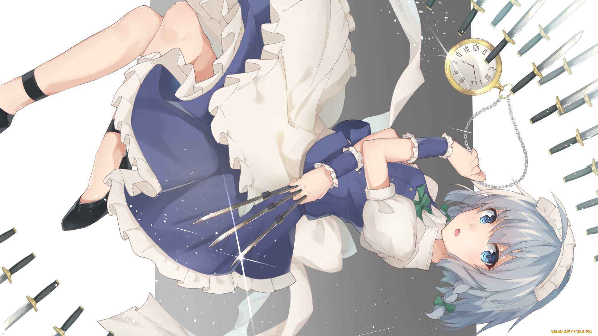 аниме, touhou, ножи, часы, девушка
