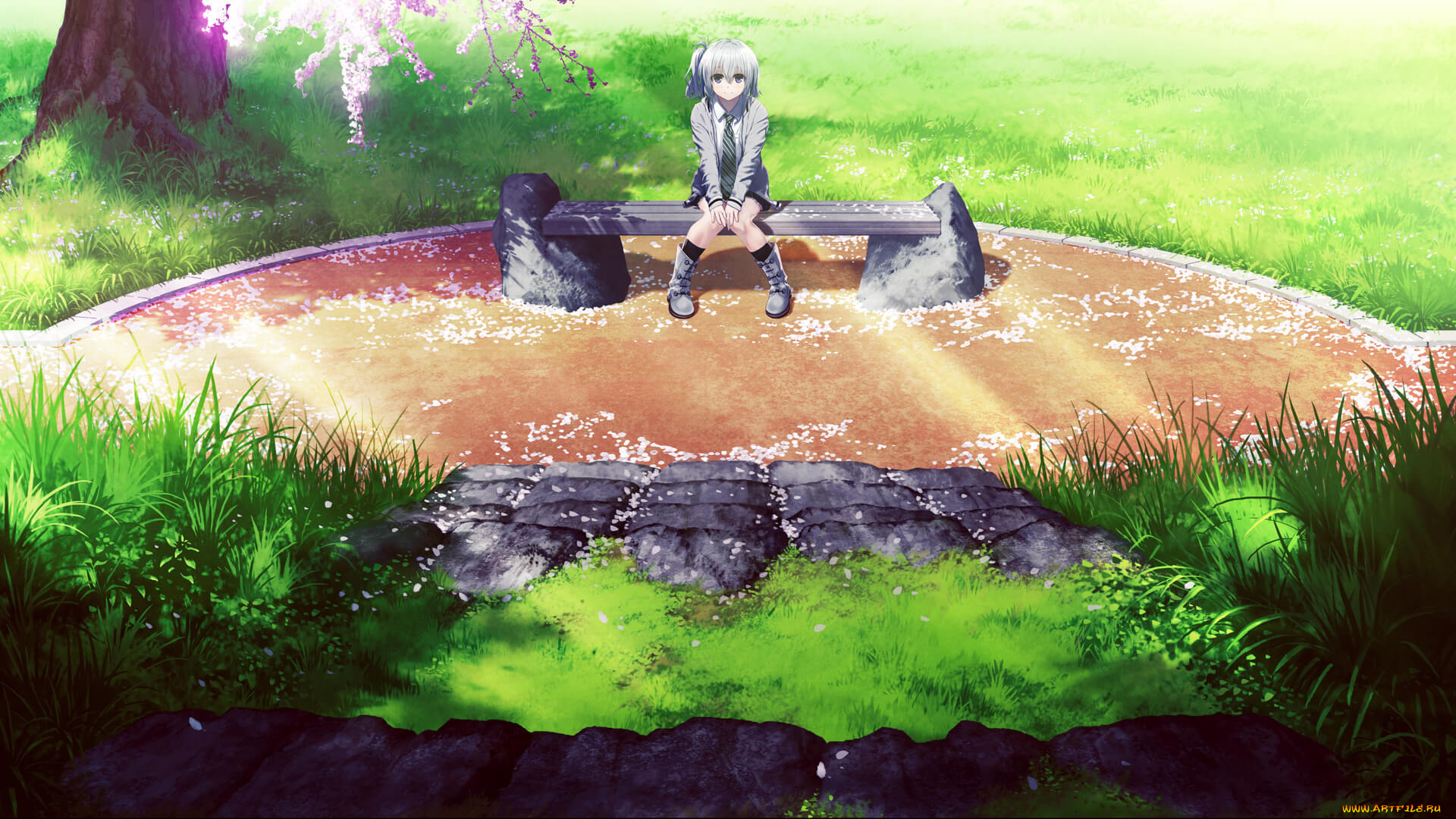 аниме, unknown, , другое, девочка, скамья