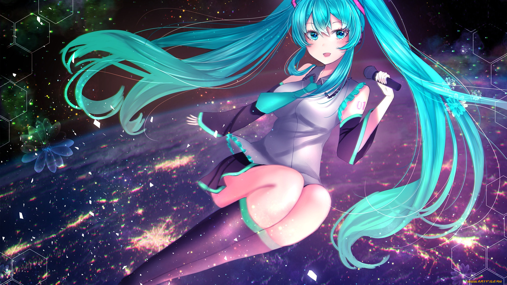 аниме, vocaloid, девушка, взгляд, фон, микрофон