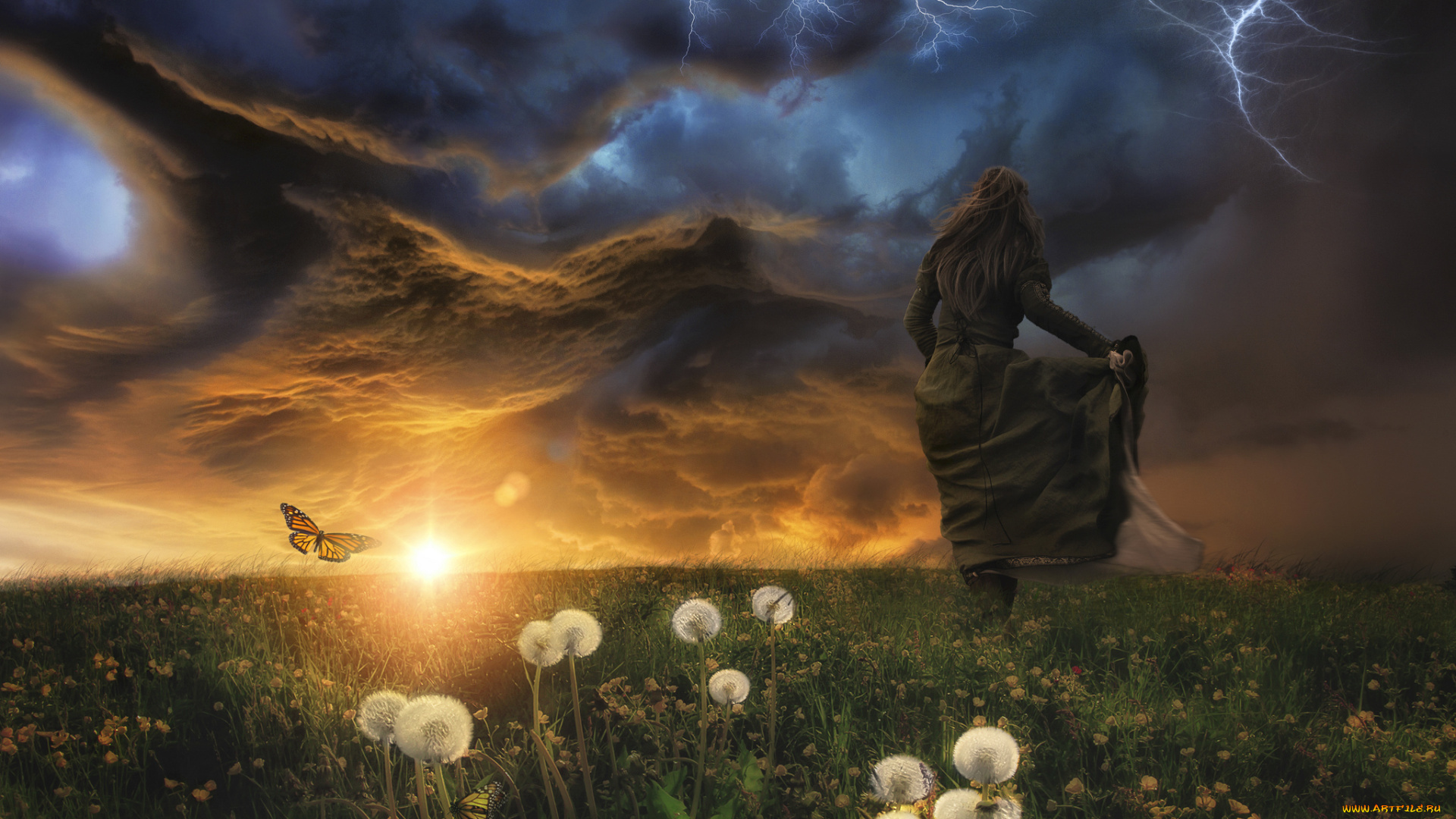 девушки, -unsort, , креатив, девушка, луг, тучи, молния, гроза, одуванчики, бабочка