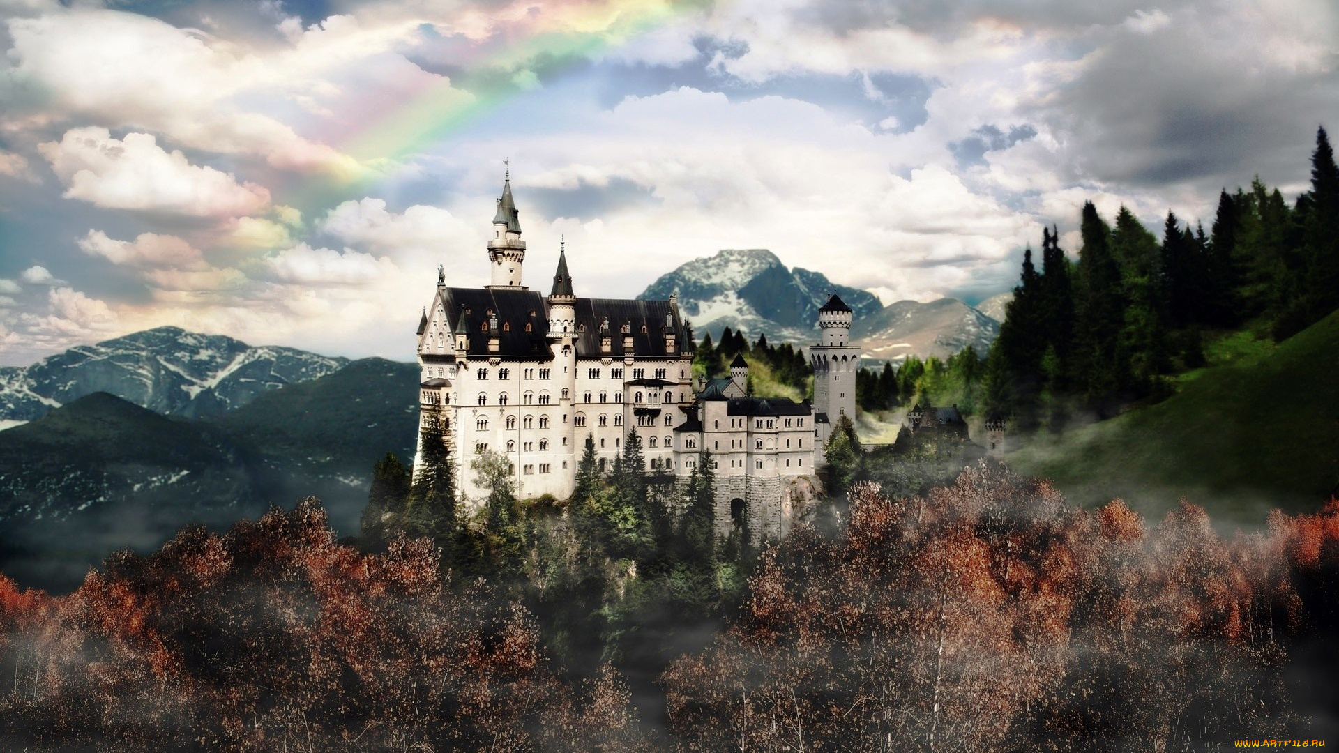 города, замок, нойшванштайн, , германия, дворец, замок, туман, радуга, тучи, горы, осень, деревья, лес