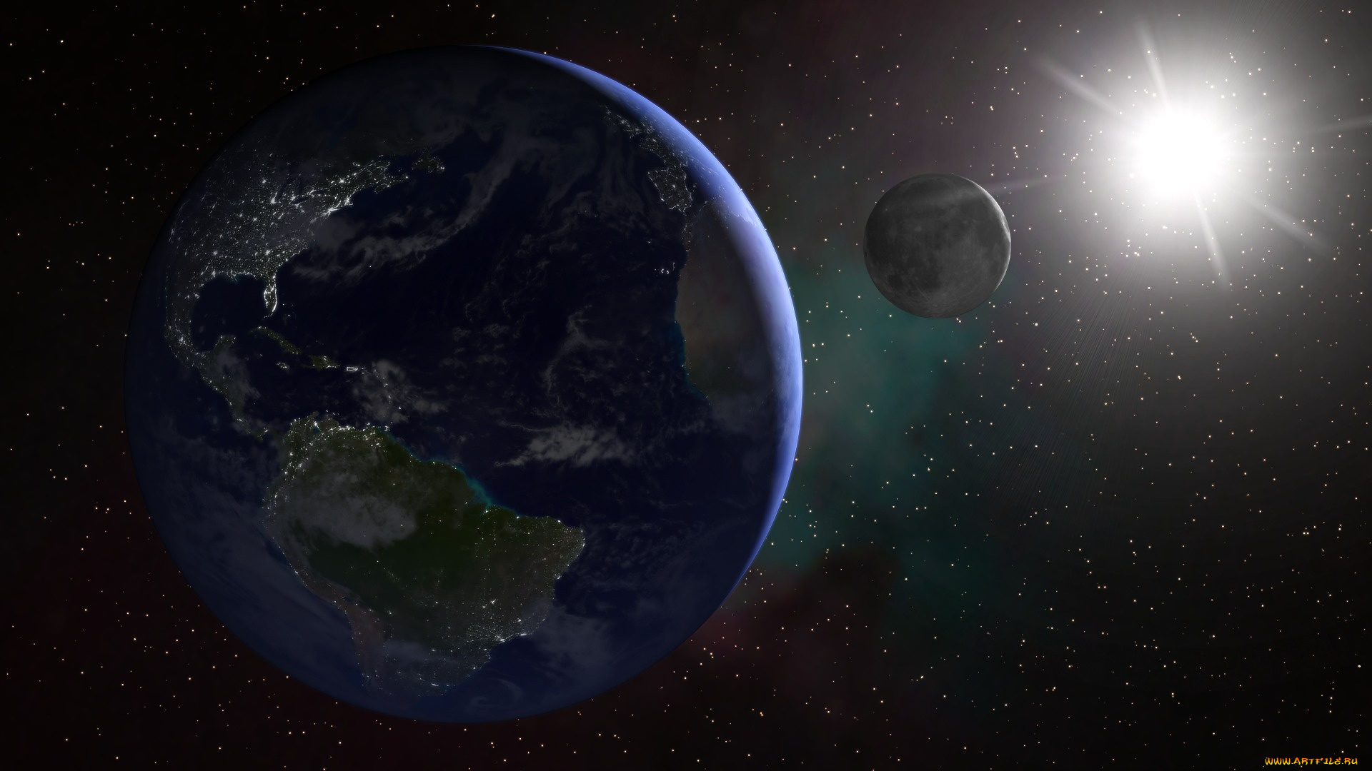 космос, земля, поверхность, звезды, солнце, луна
