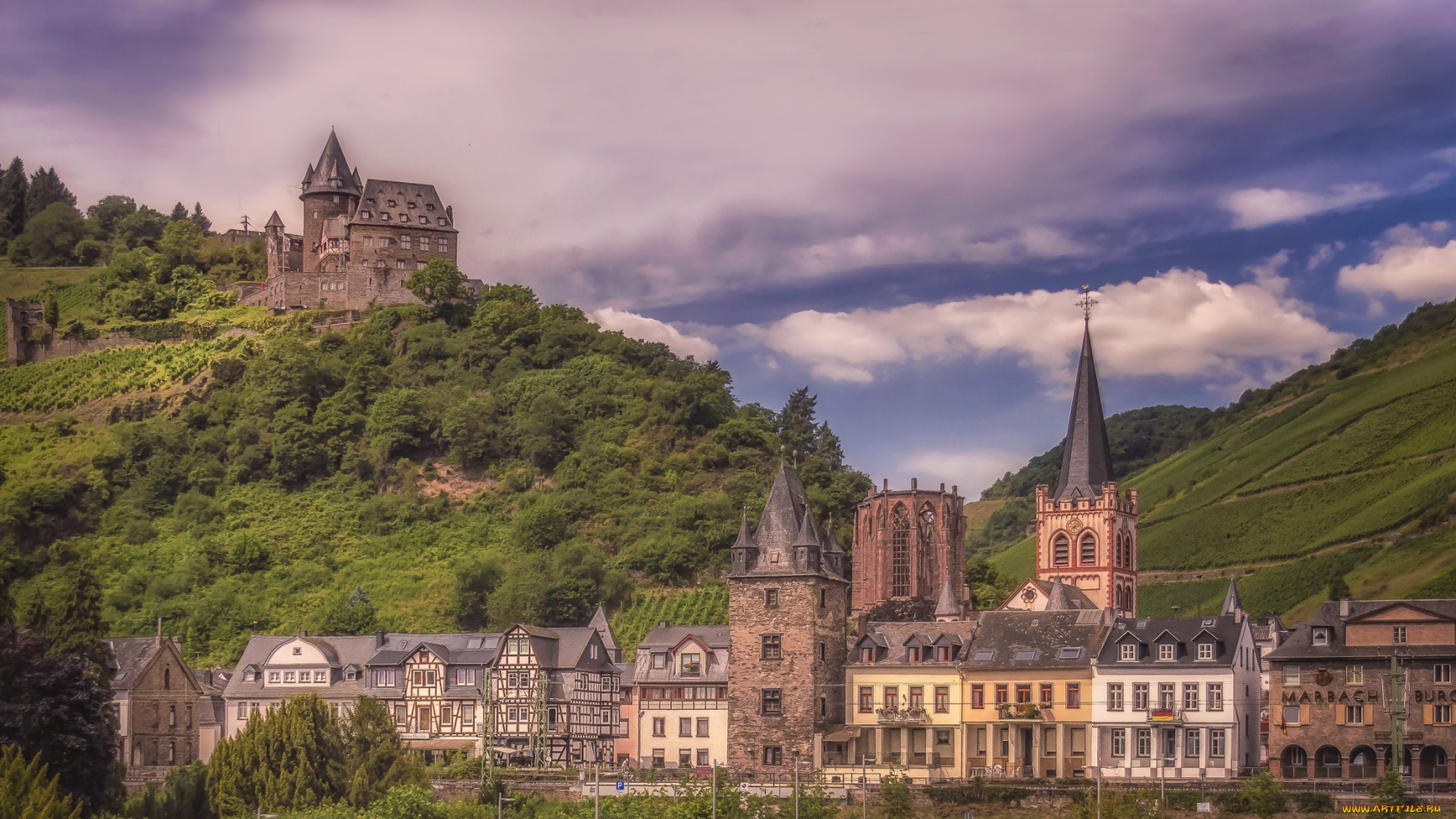 town, bacharch, viewed, from, the, rhine, in, germany, города, замки, германии, пейзаж
