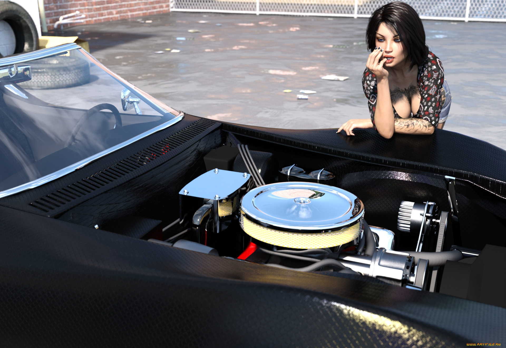 3д, графика, люди-авто, мото, , people-, car, , , moto, девушка, взгляд, фон, автомобиль