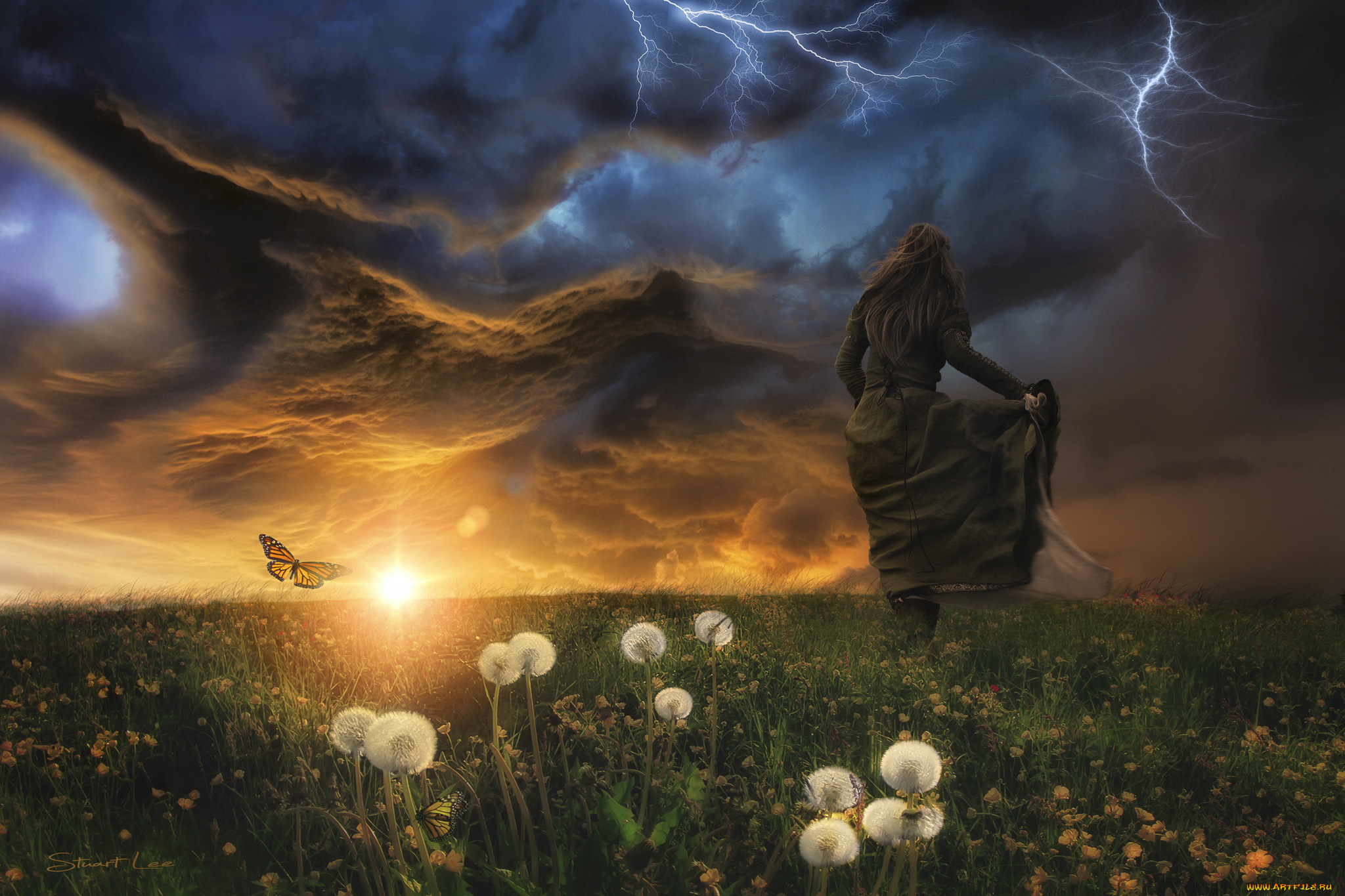 девушки, -unsort, , креатив, девушка, луг, тучи, молния, гроза, одуванчики, бабочка
