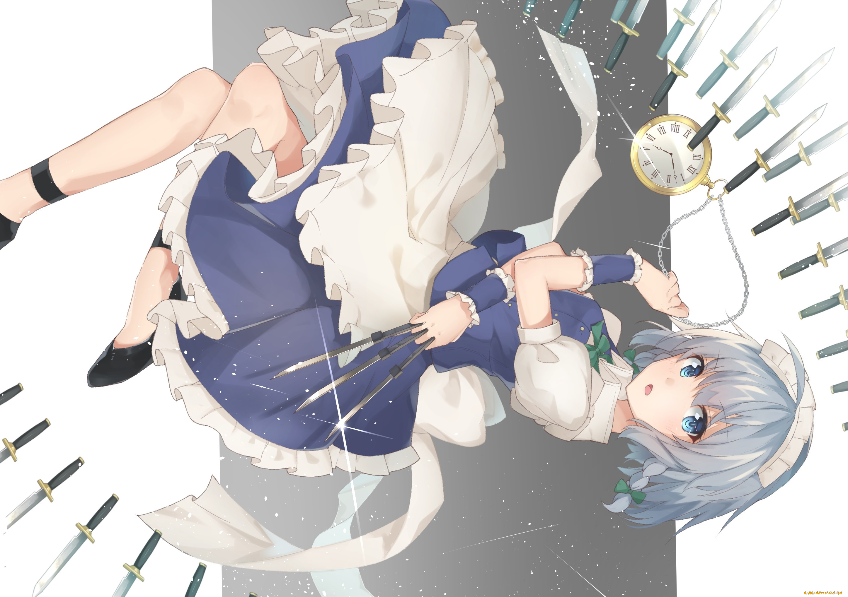аниме, touhou, ножи, часы, девушка