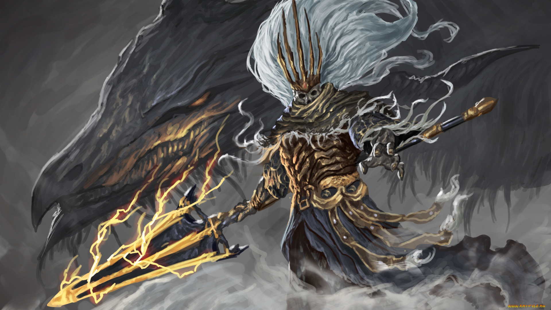 видео, игры, bloodborne, существо, дракон, череп, фон