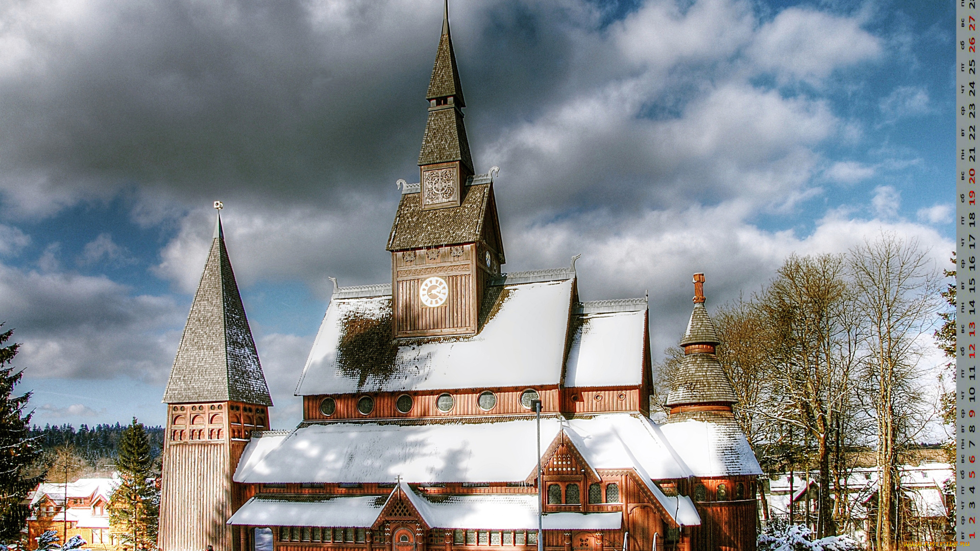 календари, города, здание, деревья, снег, религия