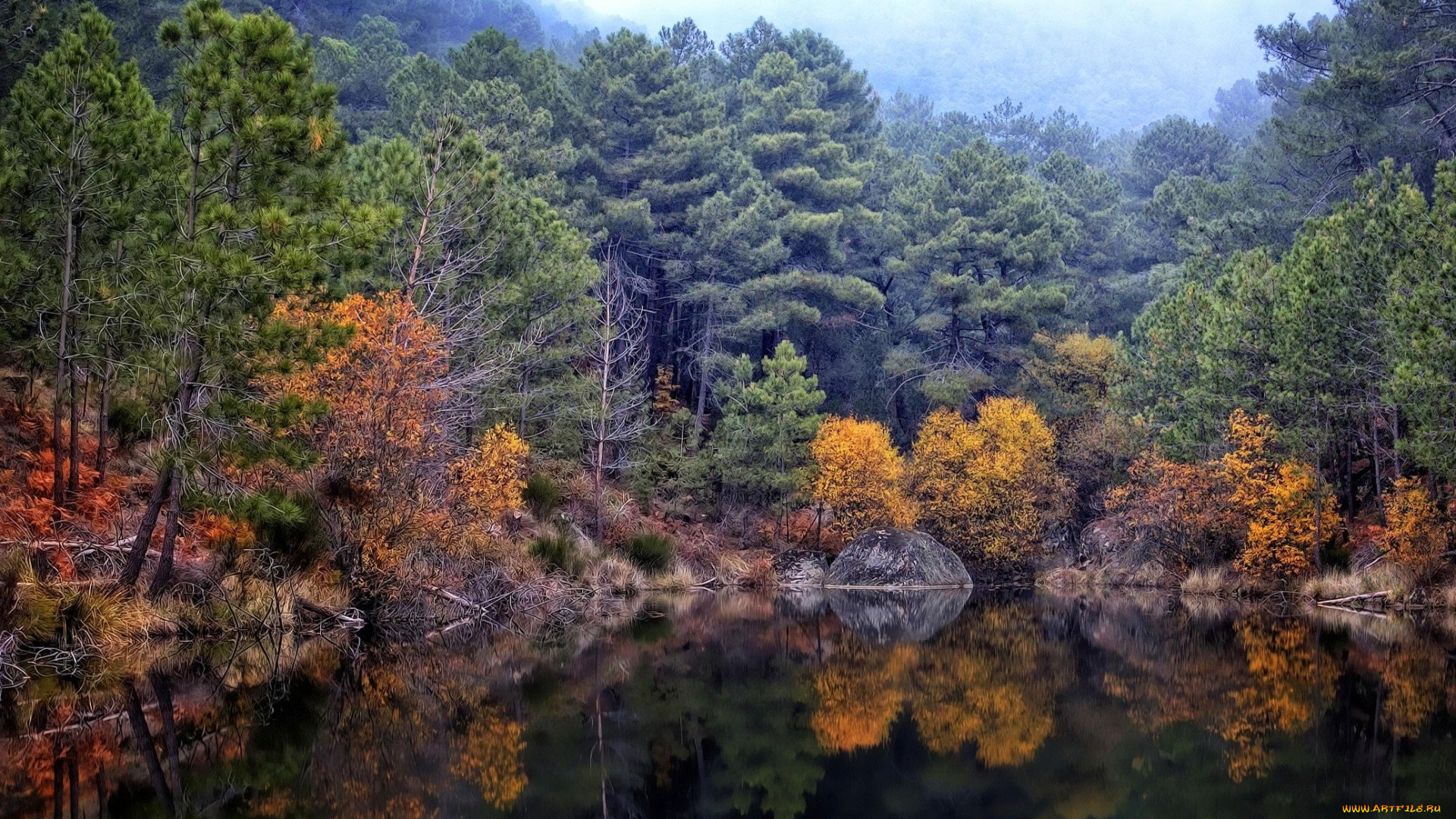 природа, реки, озера, озеро, осень, лес, деревья, камень