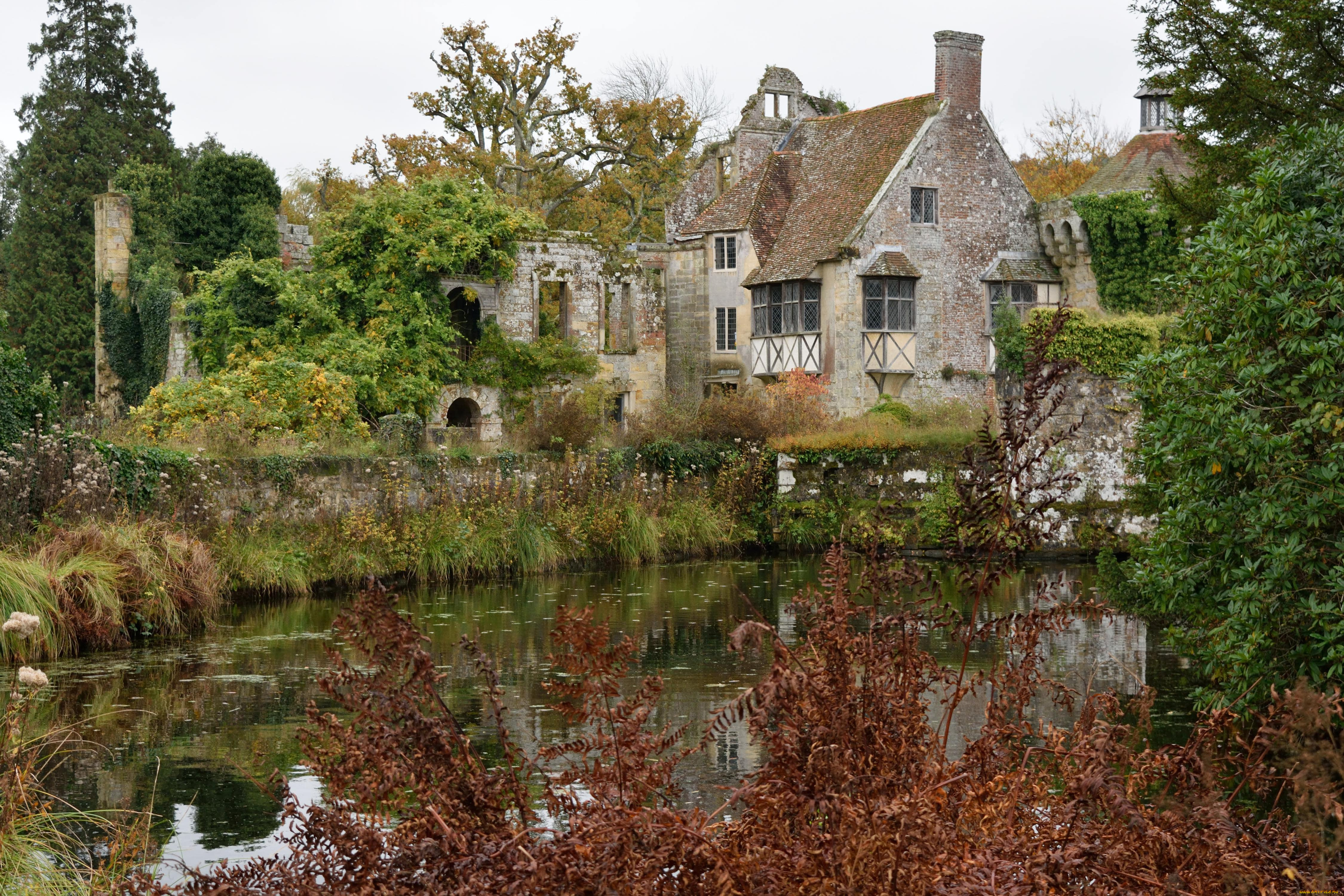 замок, скотни, , англия, города, замки, англии, кусты, парк, озеро, здание, деревья