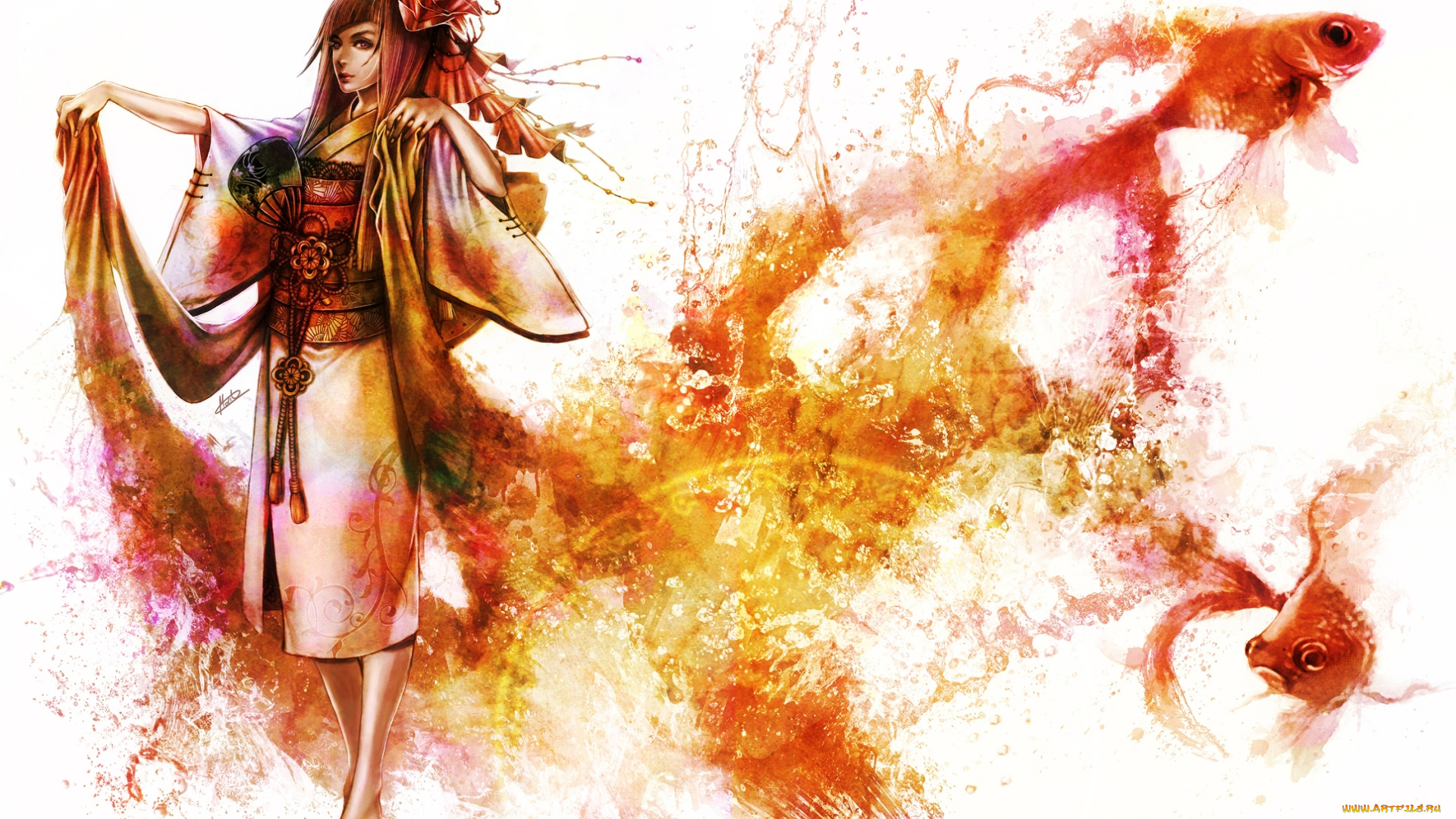 аниме, магия, , колдовство, , halloween, девушка, веер, кимоно, рыбки