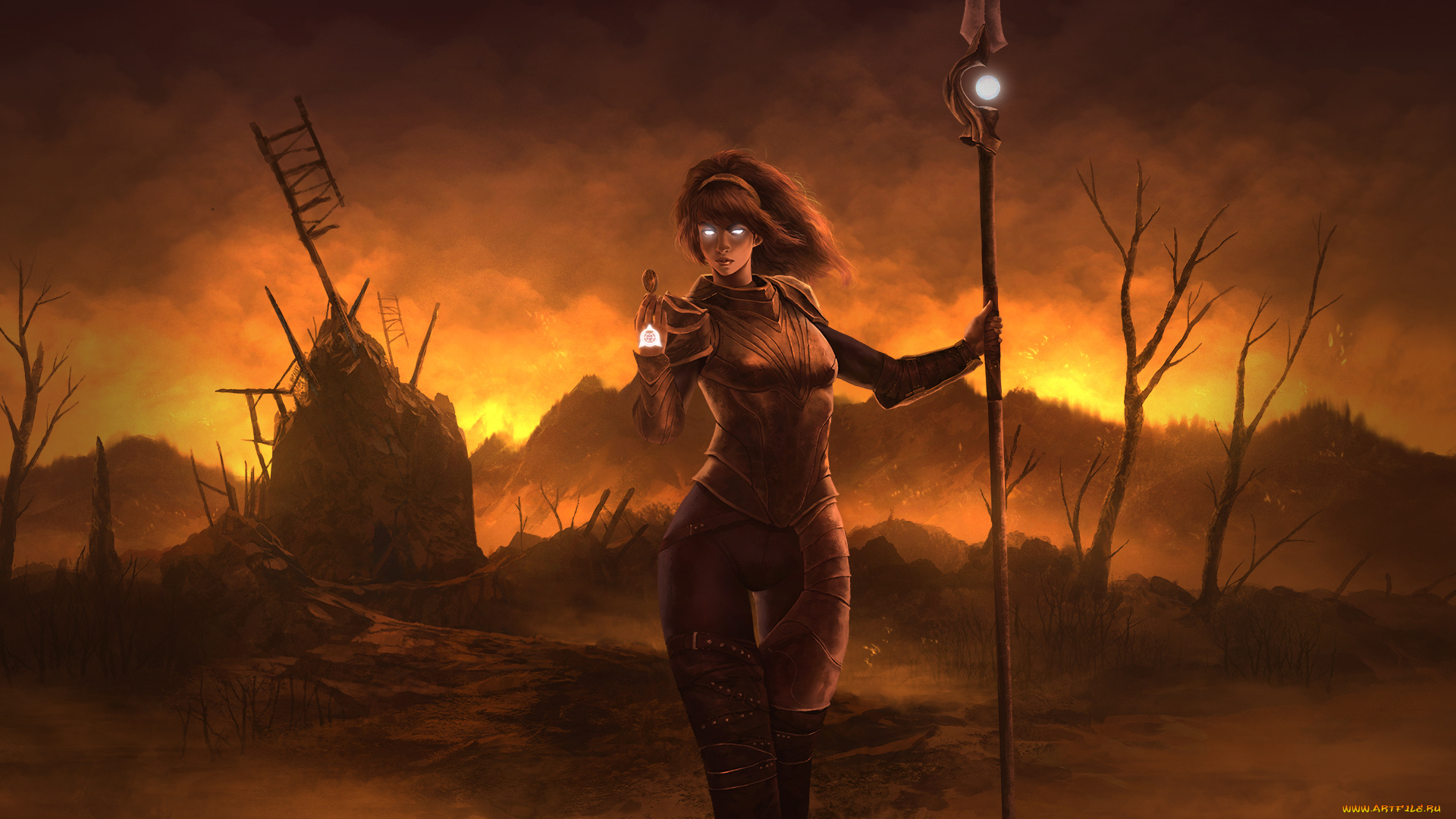 фэнтези, магия, фон, девушка, униформа, посох, взгляд