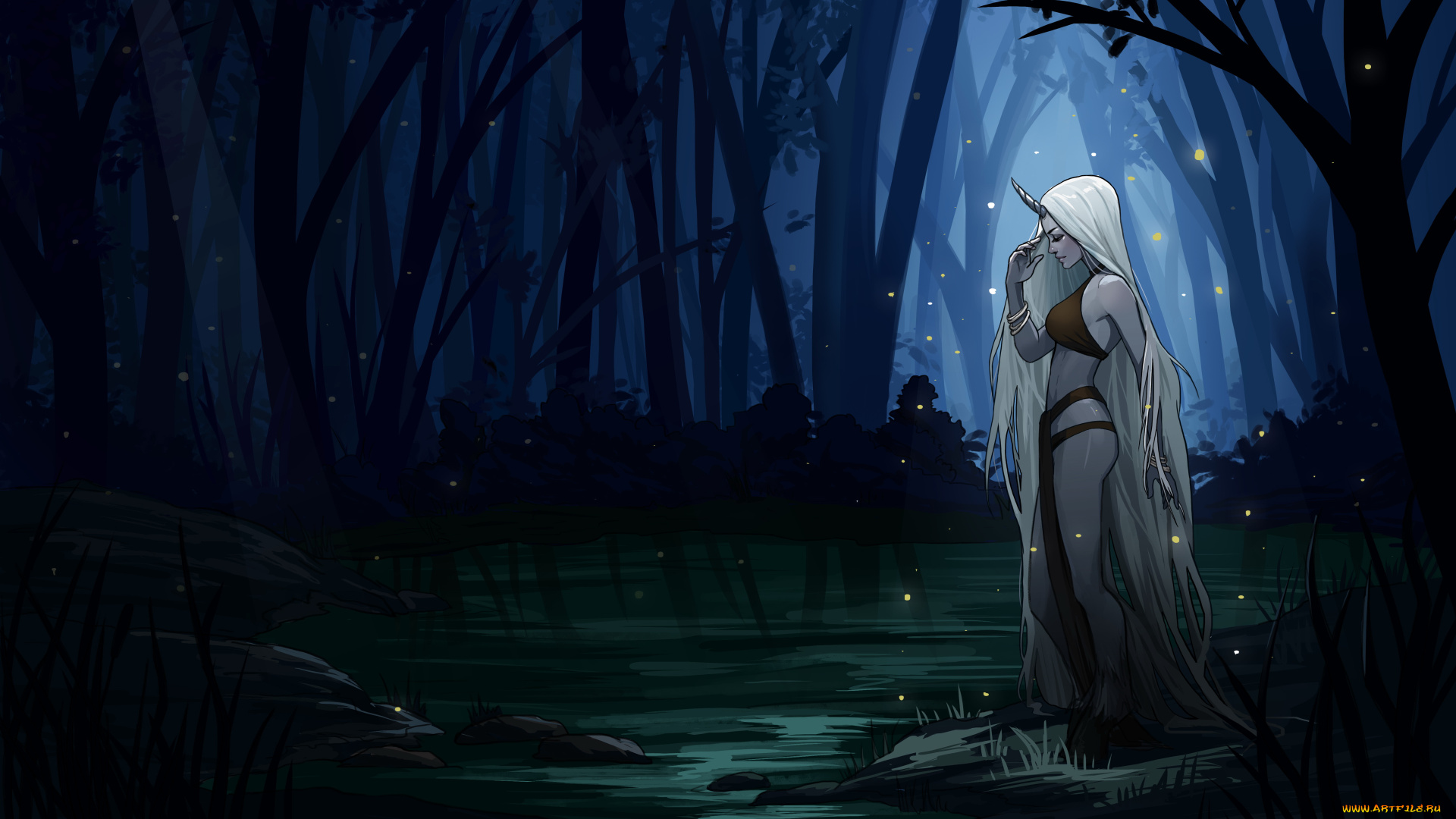 фэнтези, существа, лес, фон, девушка, рог