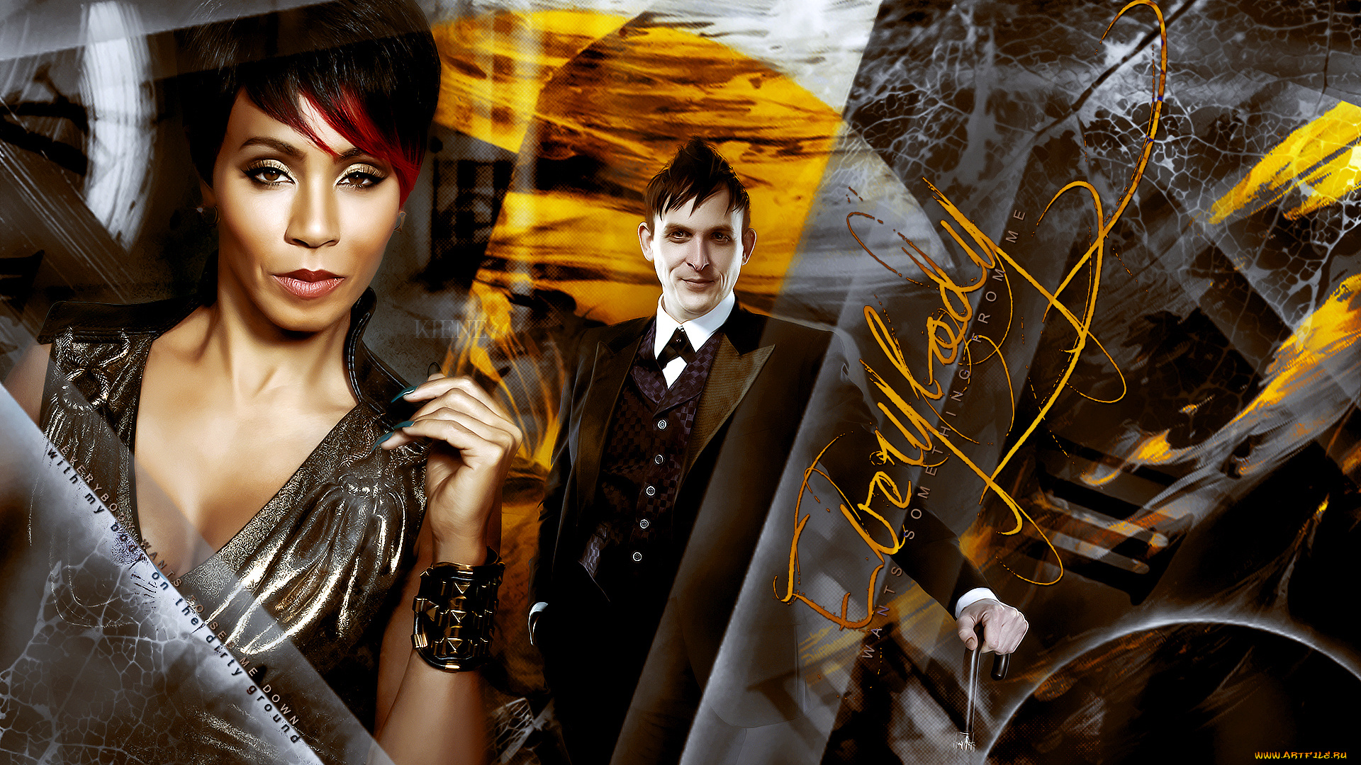 кино, фильмы, gotham, девушка, мужчина, фон, взгляд, улыбка