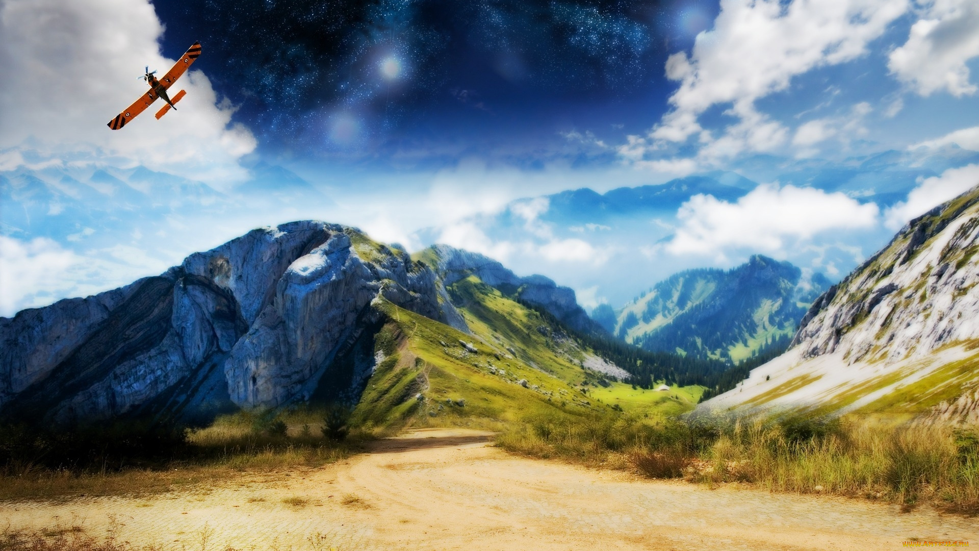 разное, компьютерный, дизайн, самолет, космос, горы, облака, небо