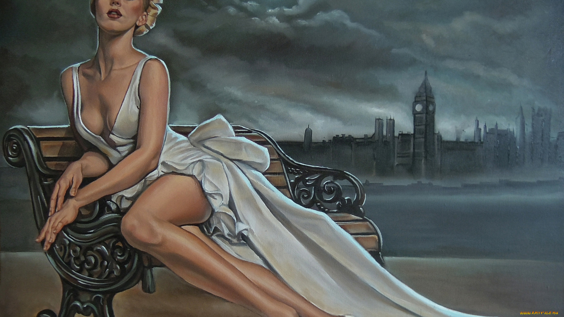 рисованное, люди, платье, скамейка, взгляд, фон, девушка