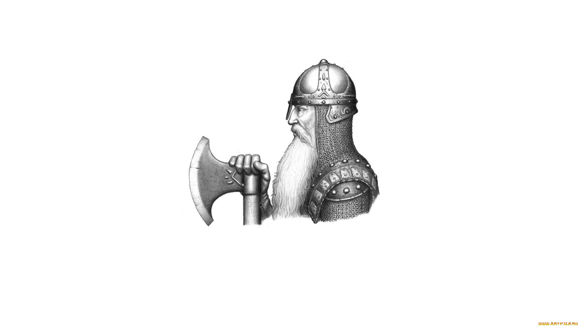 рисованное, минимализм, кольчуга, топор, борода, профиль, шлем, воин, доспехи, лицо