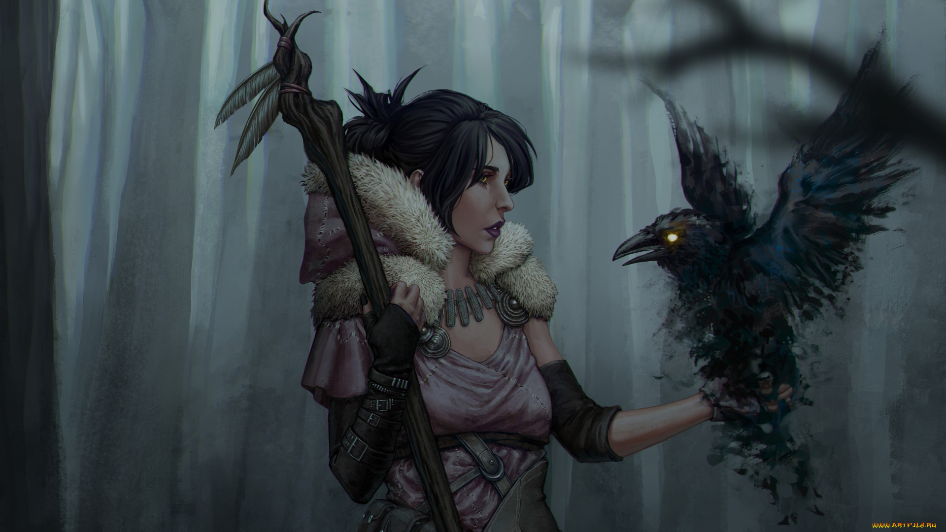 видео, игры, dragon, age, посох, ворон, взгляд, фон, девушка