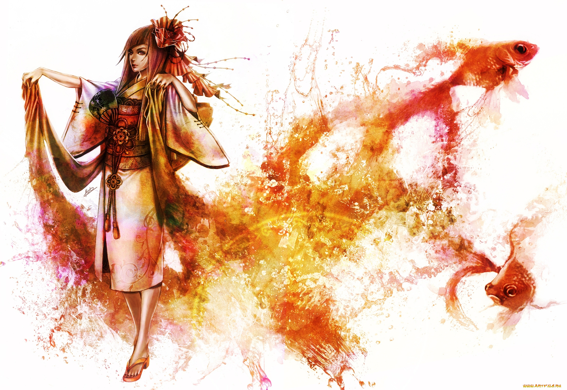 аниме, магия, , колдовство, , halloween, девушка, веер, кимоно, рыбки