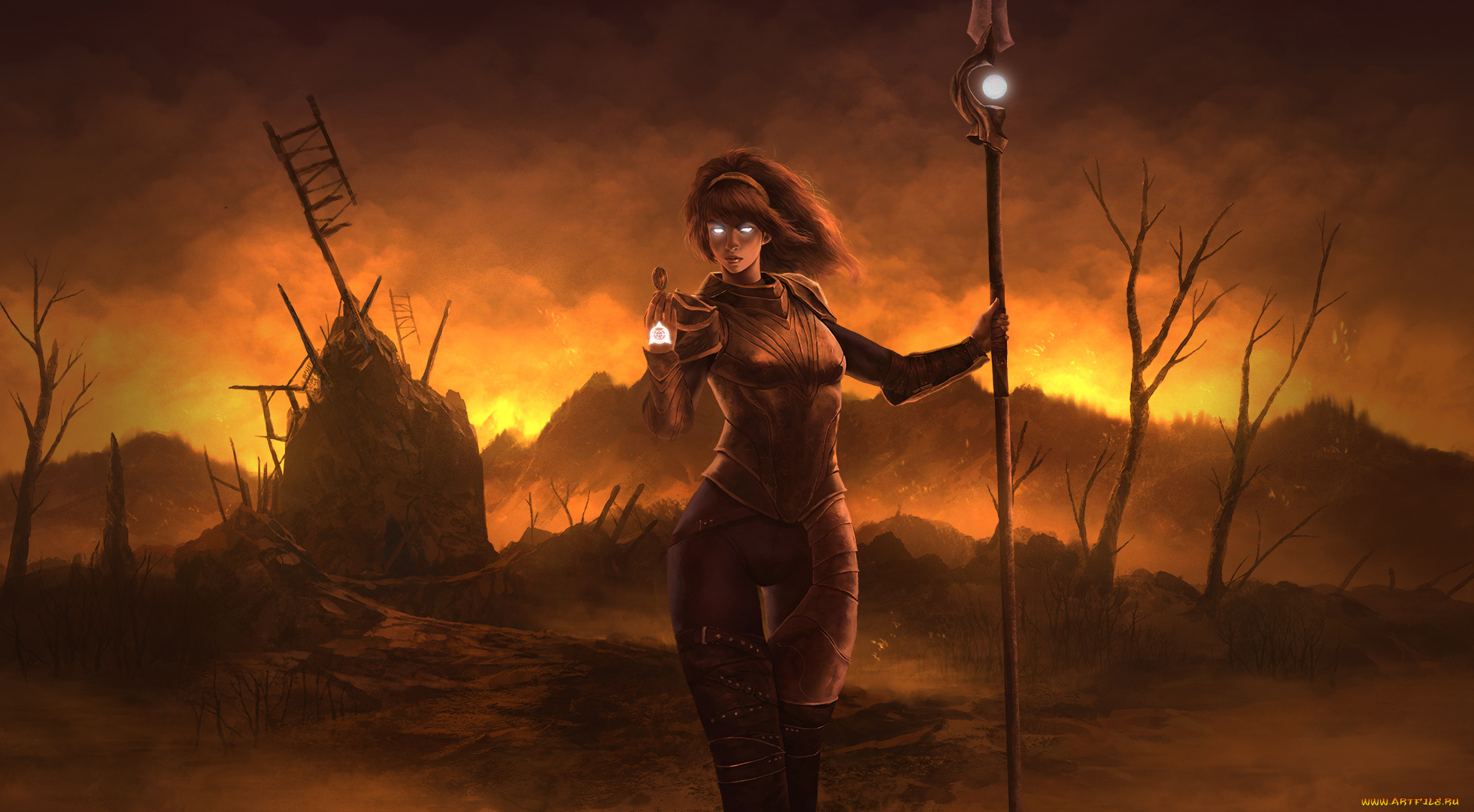 фэнтези, магия, фон, девушка, униформа, посох, взгляд