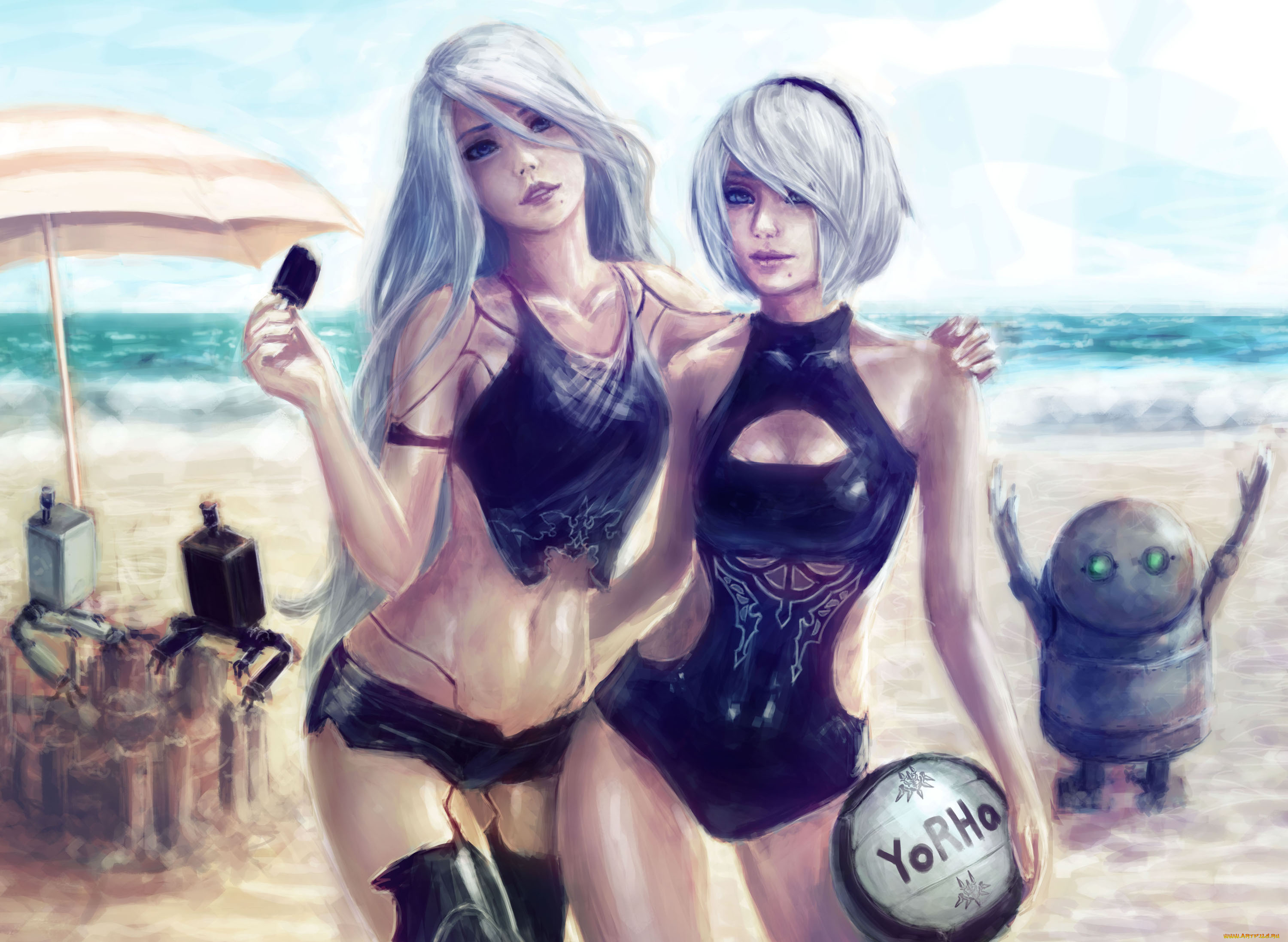 видео, игры, nier, , automata, девушки, фон, взгляд, купальник