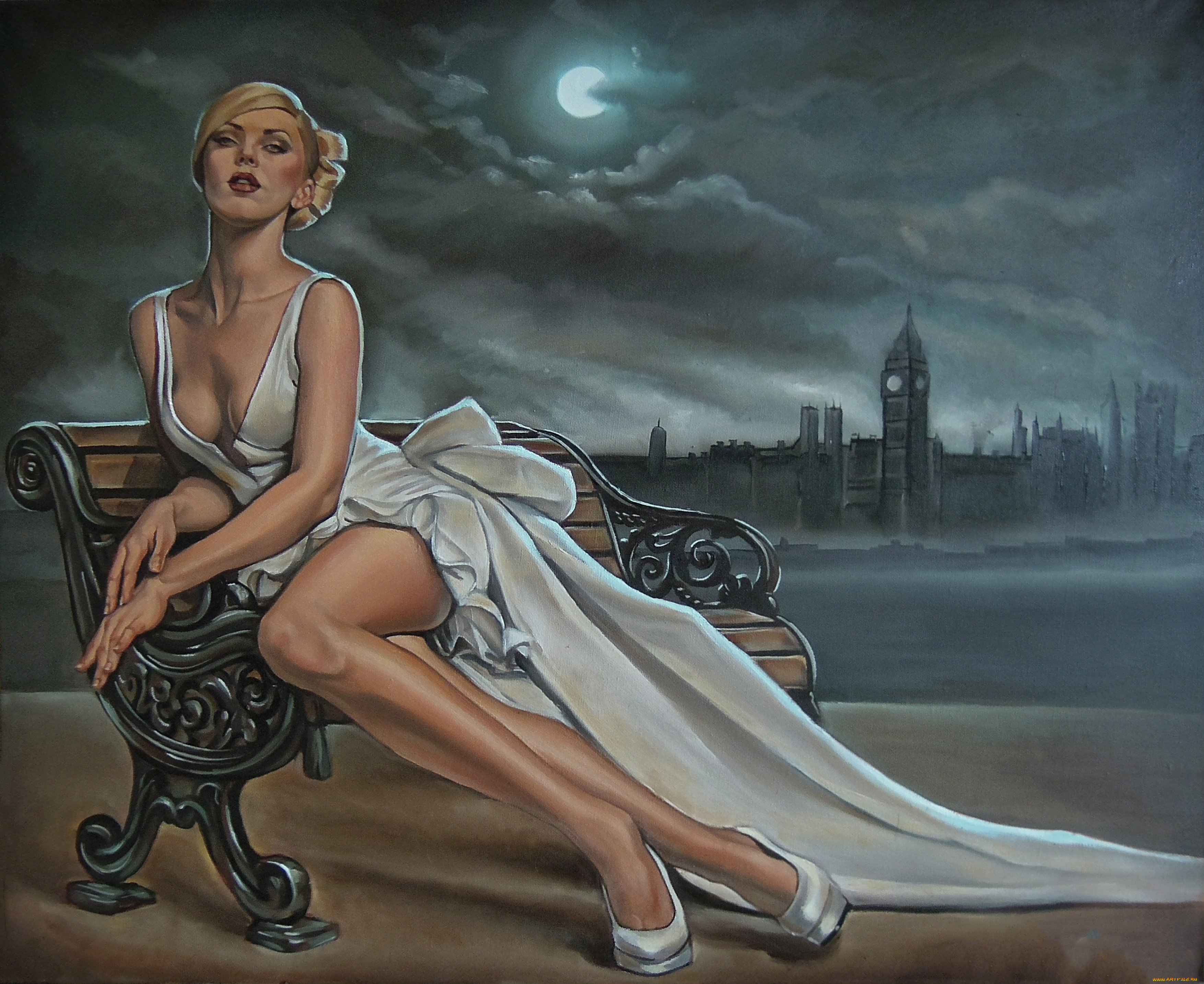 рисованное, люди, платье, скамейка, взгляд, фон, девушка