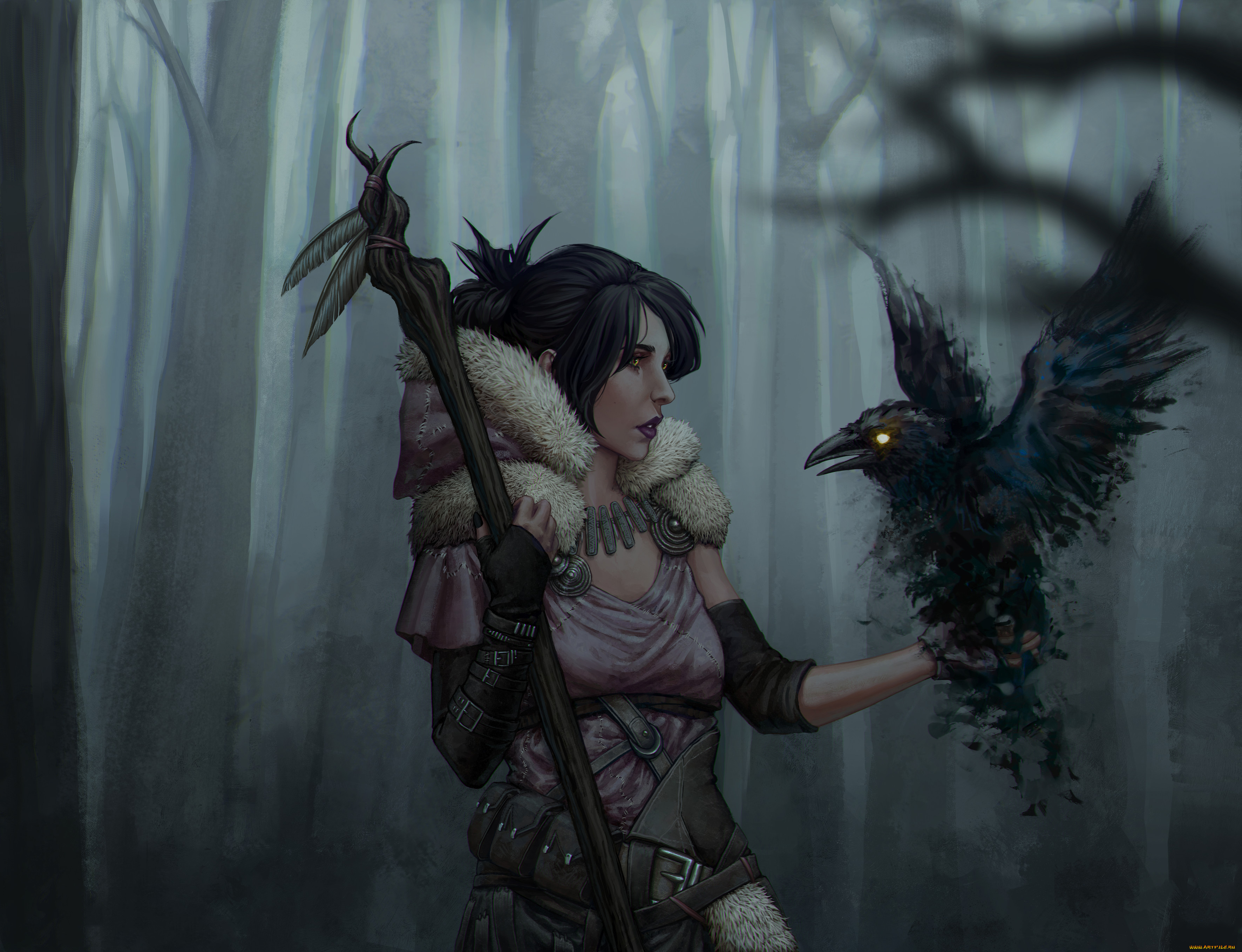 видео, игры, dragon, age, посох, ворон, взгляд, фон, девушка