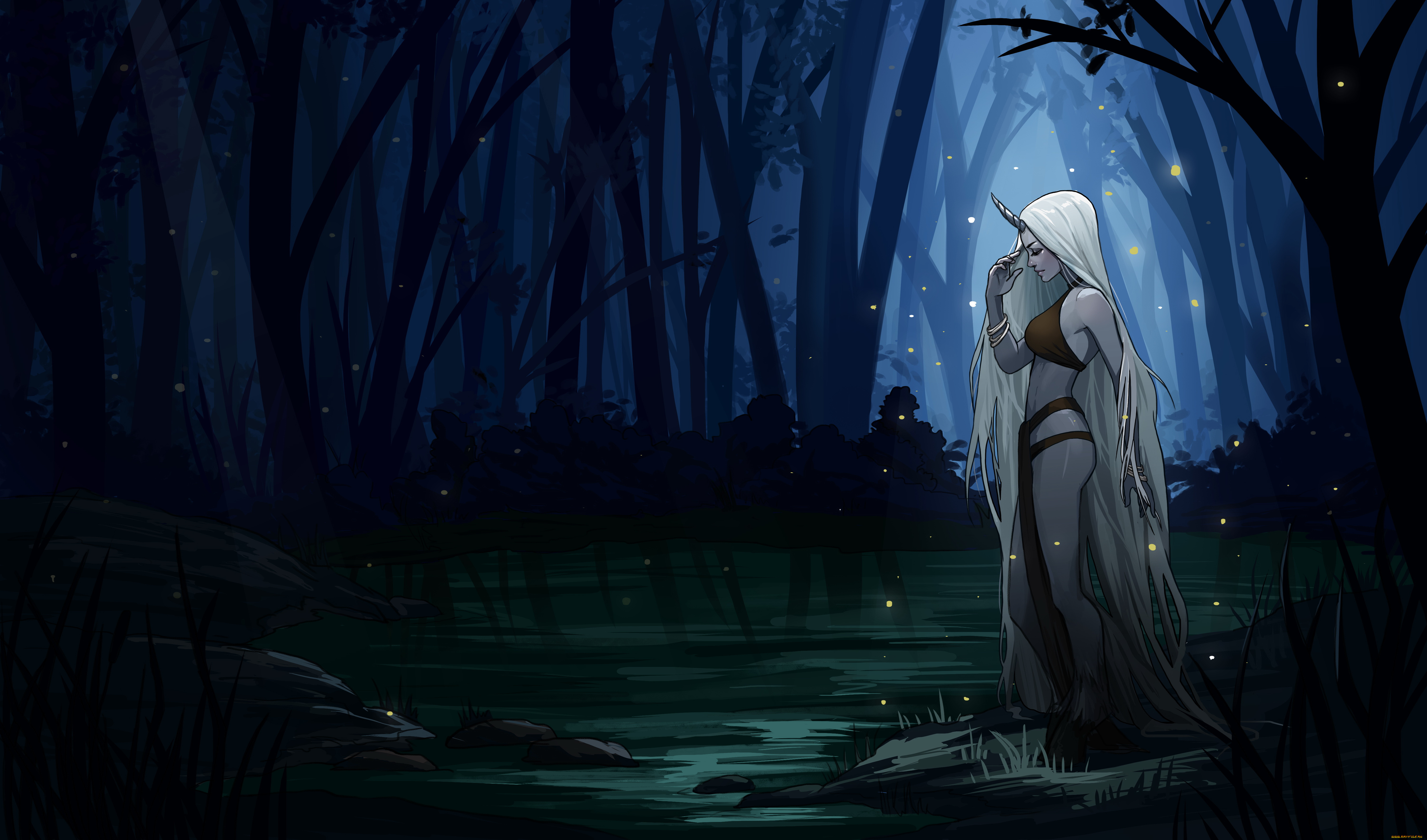 фэнтези, существа, лес, фон, девушка, рог