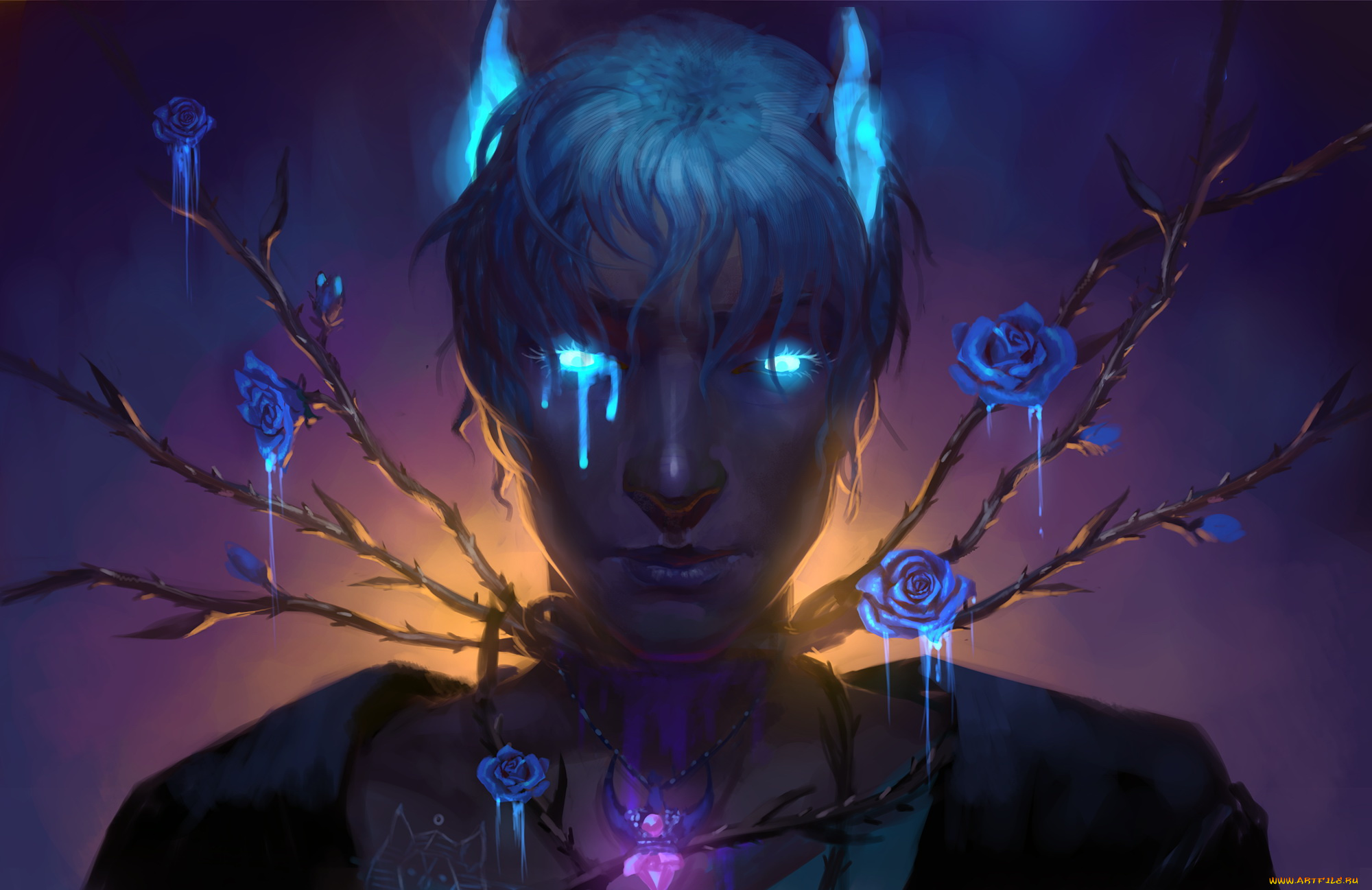 фэнтези, существа, существо, фон, взгляд, розы, шипы