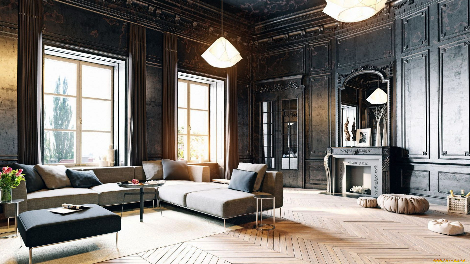 интерьер, гостиная, камин, люстры, паркет