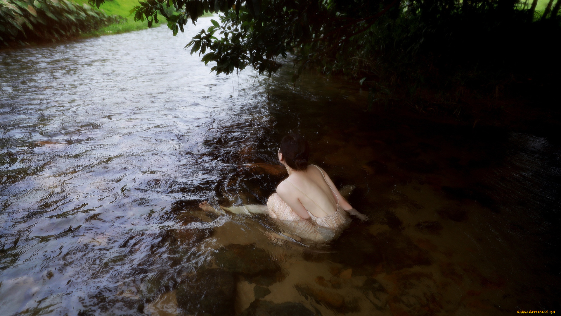девушки, -, азиатки, девушка, река, деревья