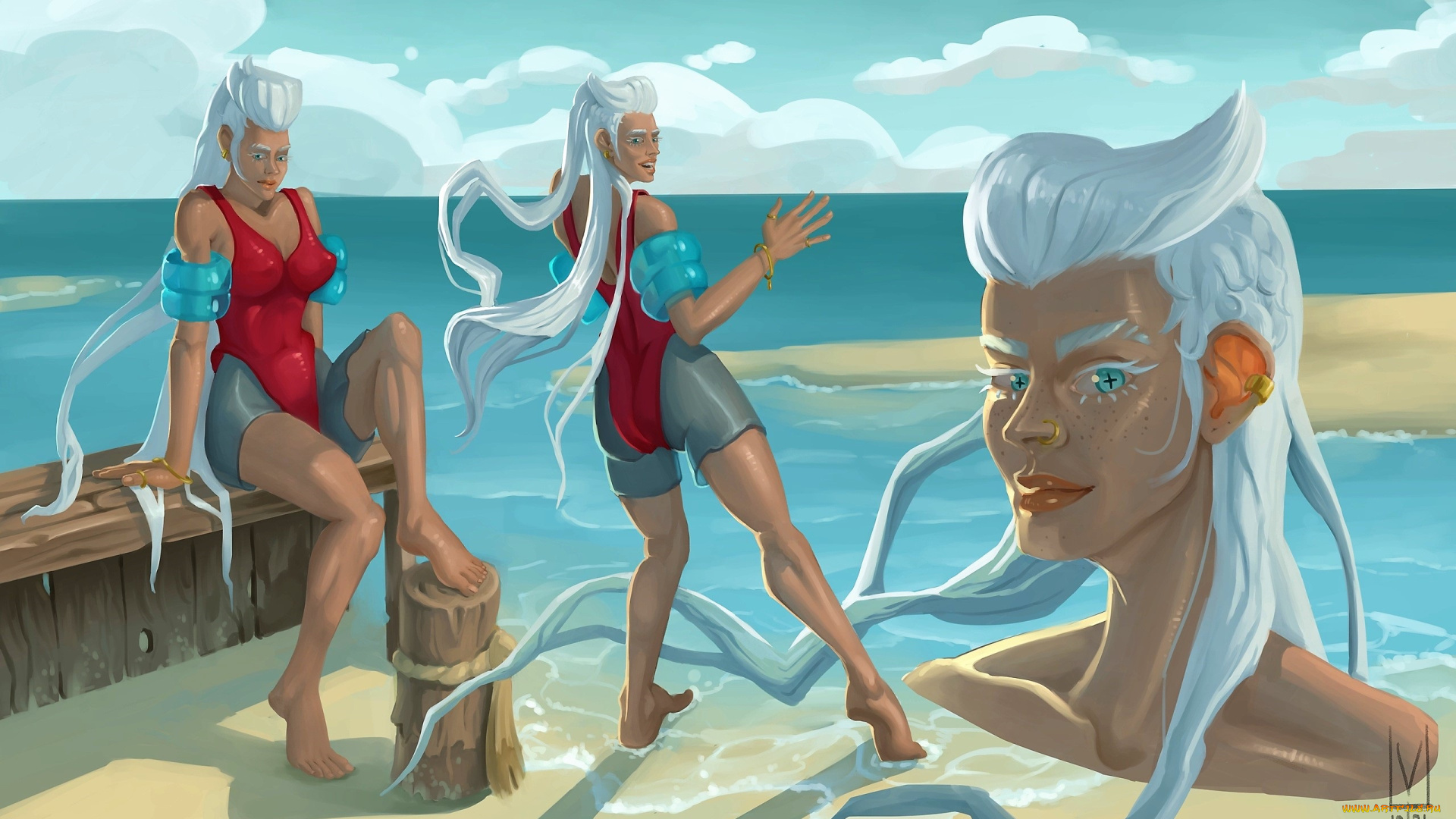 рисованное, люди, девушка, море, берег, купальник, нарукавники