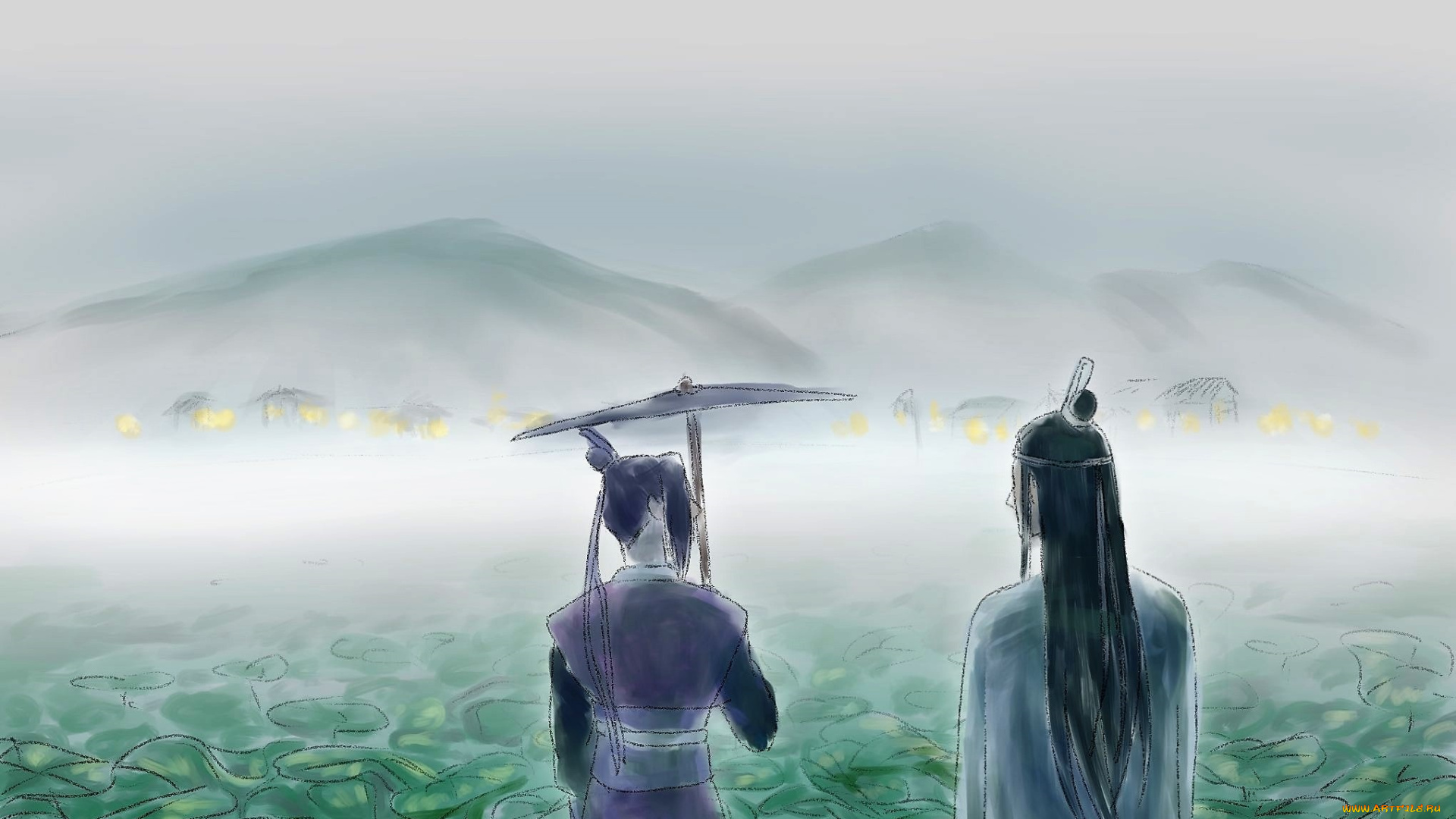 аниме, mo, dao, zu, shi, цзян, чэн, лотосы, горы, зонт, лань, сичэнь