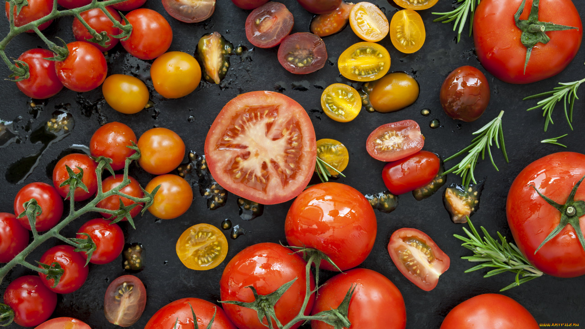 еда, помидоры, розмарин, томаты, ассорти