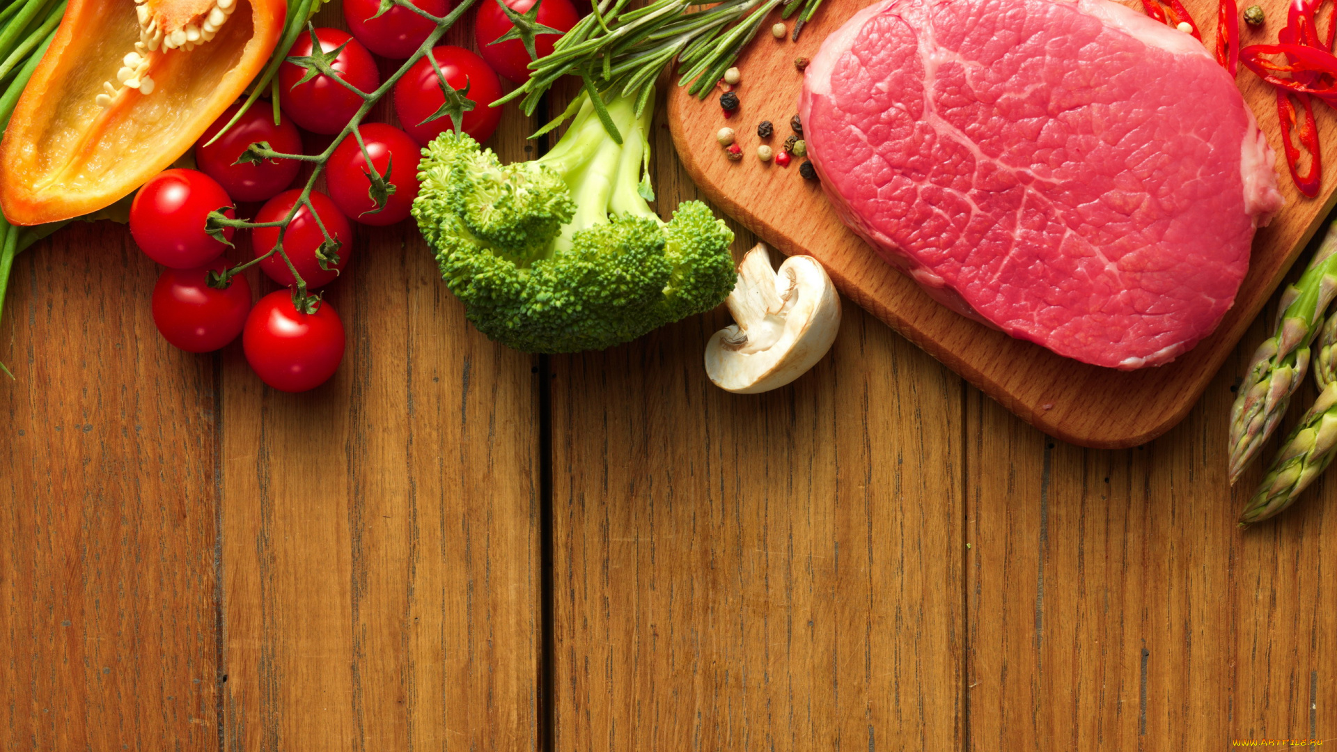 еда, разное, брокколи, мясной, стейк, спаржа, помидоры, перец