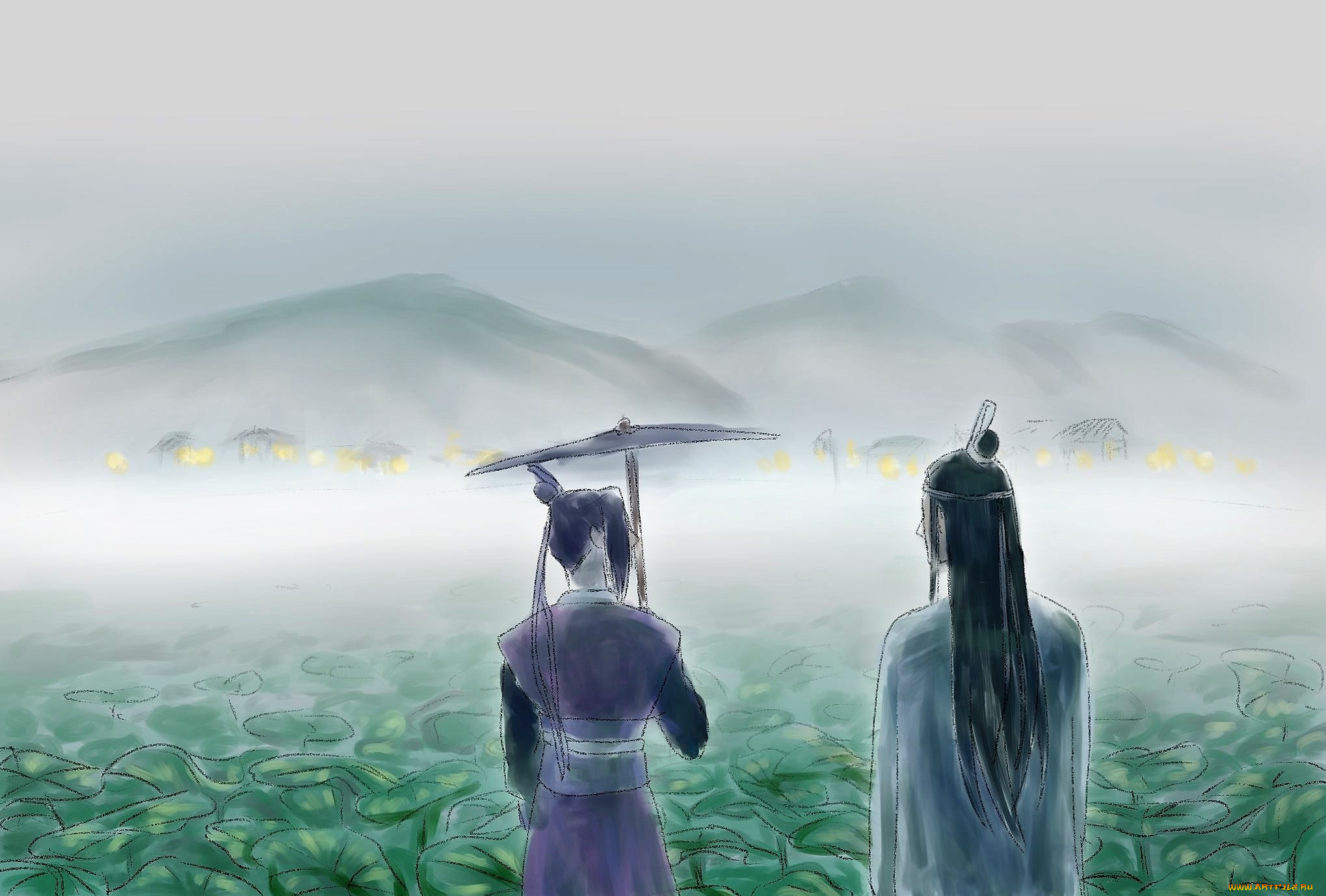 аниме, mo, dao, zu, shi, цзян, чэн, лотосы, горы, зонт, лань, сичэнь