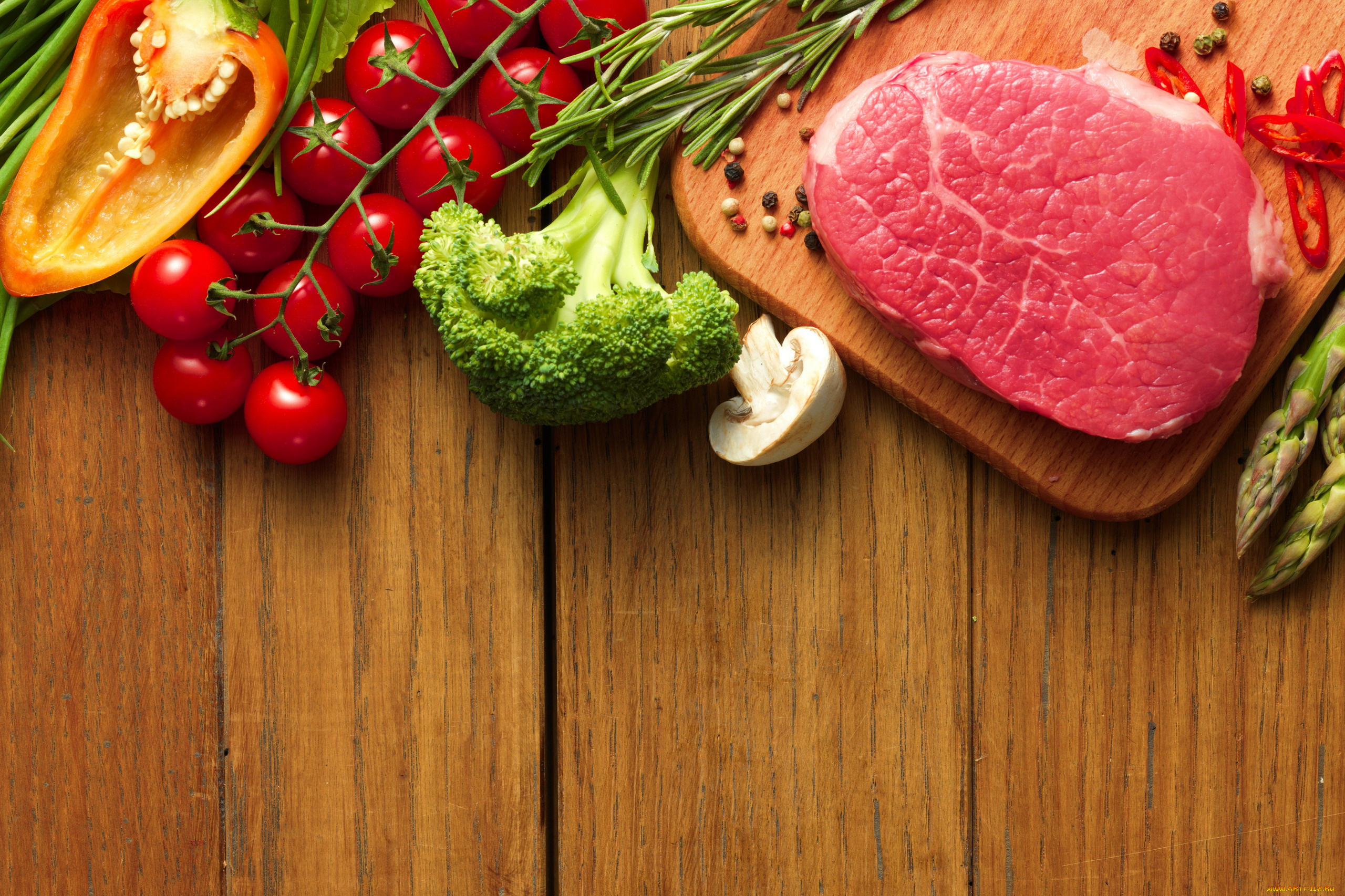еда, разное, брокколи, мясной, стейк, спаржа, помидоры, перец