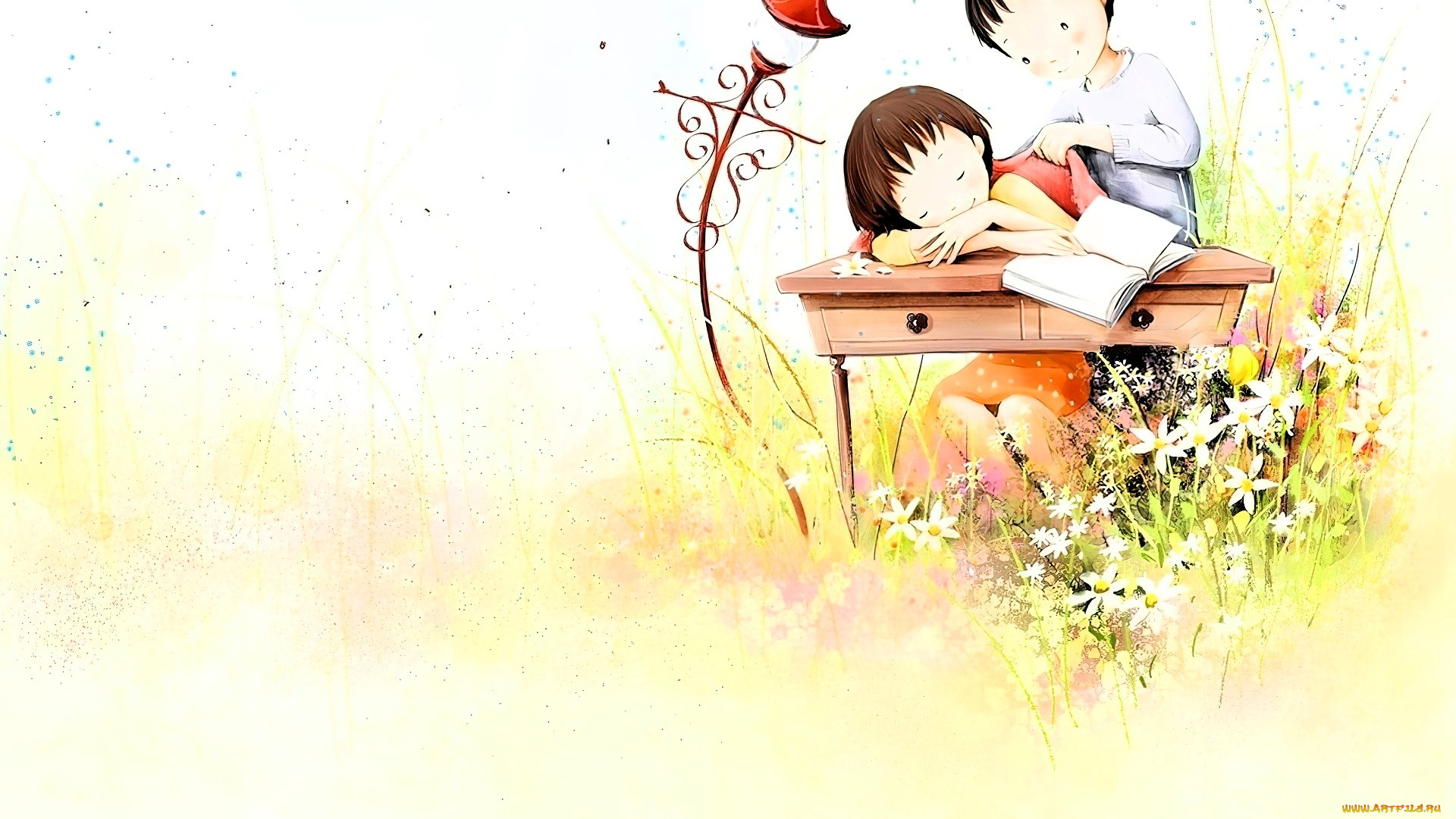 рисованное, дети, стол, книга, забота