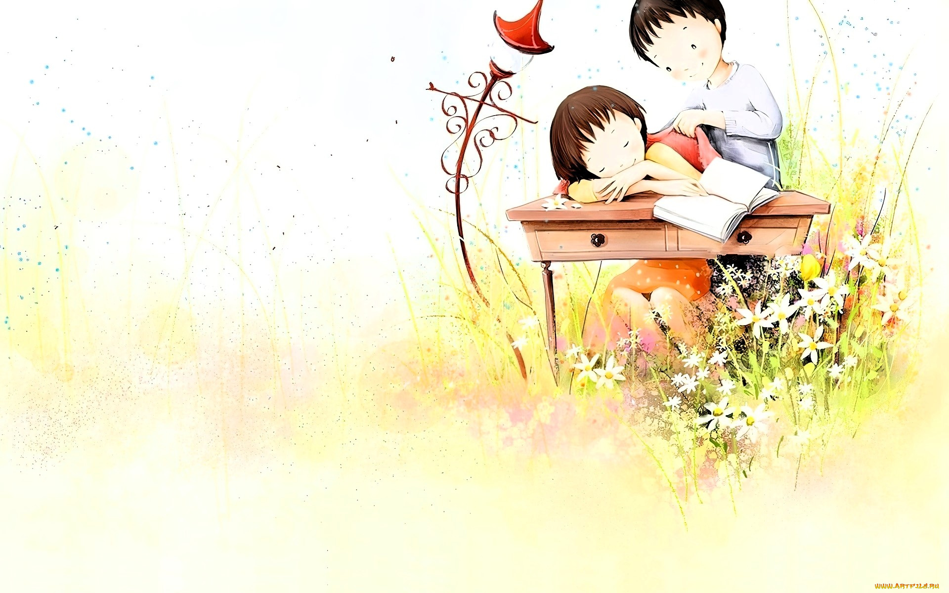 рисованное, дети, стол, книга, забота