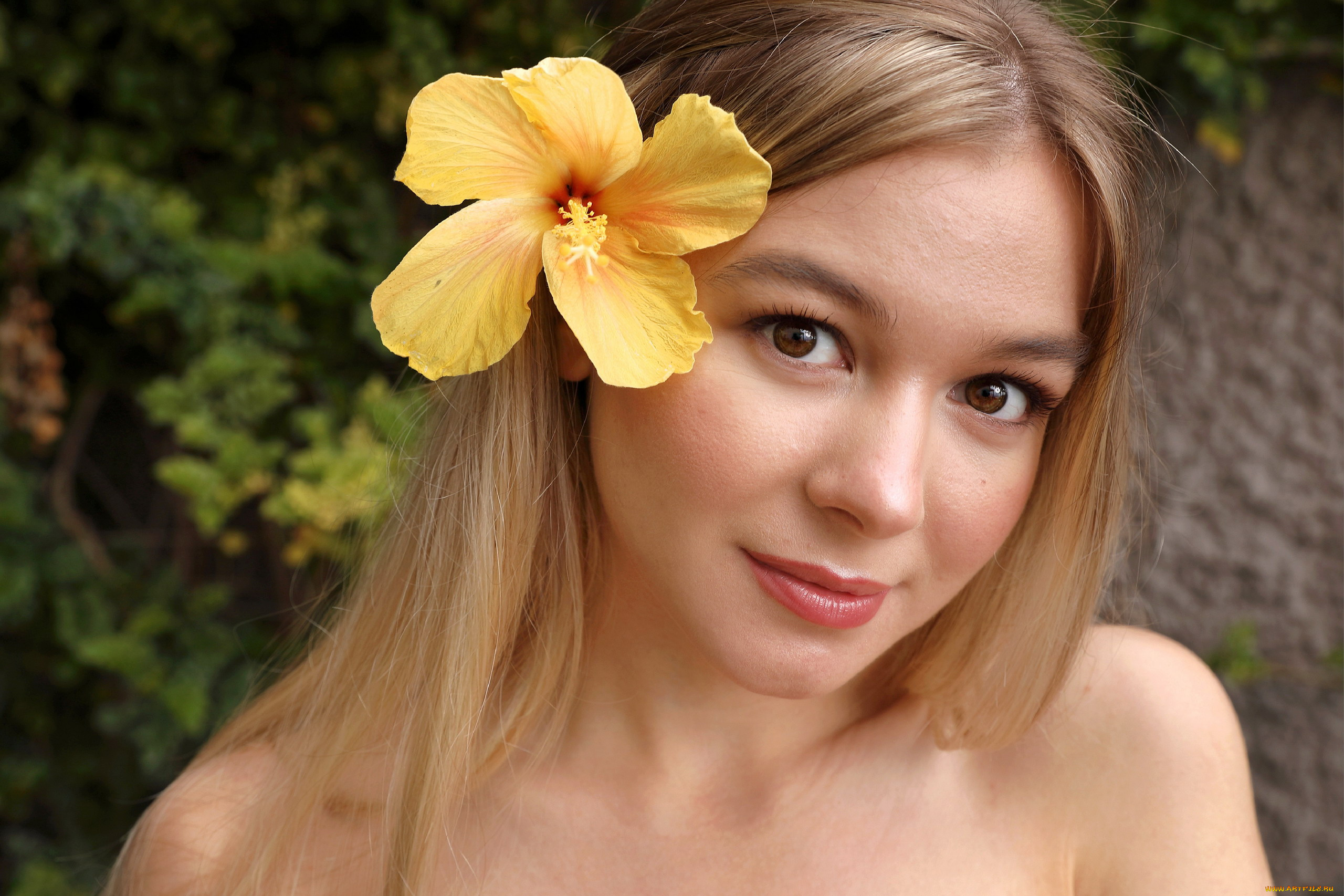 девушки, -, лица, , портреты, блондинка, портрет, гибискус
