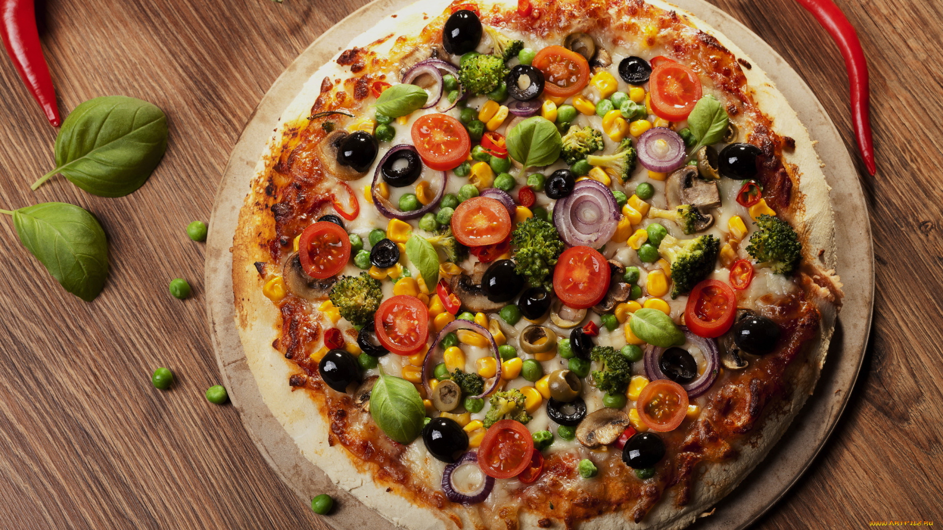еда, пицца, овощная, базилик, маслины